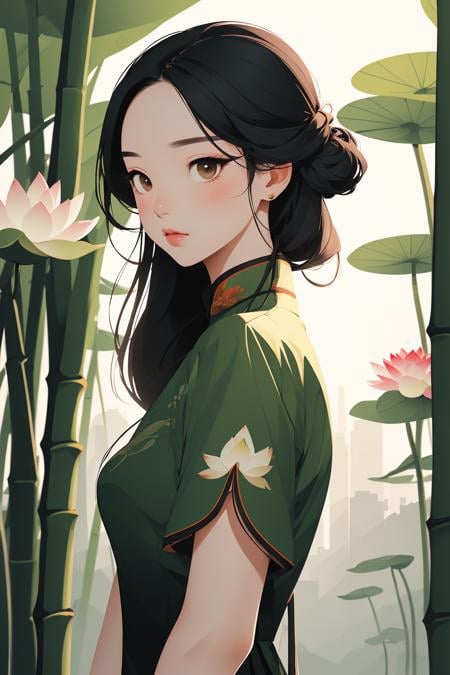 Best quality, masterpiece, 1 girl,  solo, upper body，A  minimalism illustration of a Chinese girl in green cheongsam, set in a Chinese-style scene,chinese town, brigde, ((lotus)), bamboo,   <lora:Guofeng_minimalism_v1:0.7>