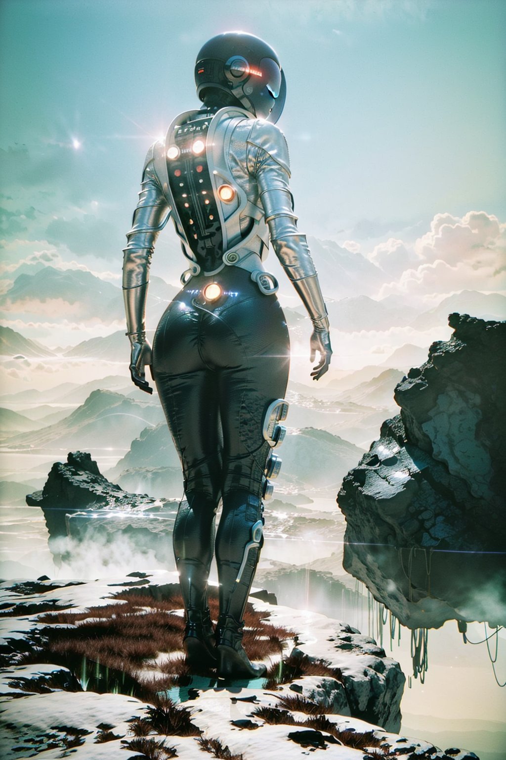 A futuristic rear angle (sci-fi) photo of a (fit woman futuristic astronaut bending over and leaning on rock overlooking advanced ancient alien structure on Exoplanet), back towards viewer, not looking at viewer, (wearing skintight white  sci-fi spacesuit, full body), fit body, (big ass), [wide hips], (lush vegetation), alien jungle, (ancient alien ruins), [particle effect], floating in air, 
(lens flare:0.7), (cross-processing), (highly detailed), (cinematic lighting:1.1), sharp shadows, intricately detailed, photographed on a Hasselblad 500, 80mm F2.8 lens, with Cinestill 800T film, cinematic contrast, light leak, 