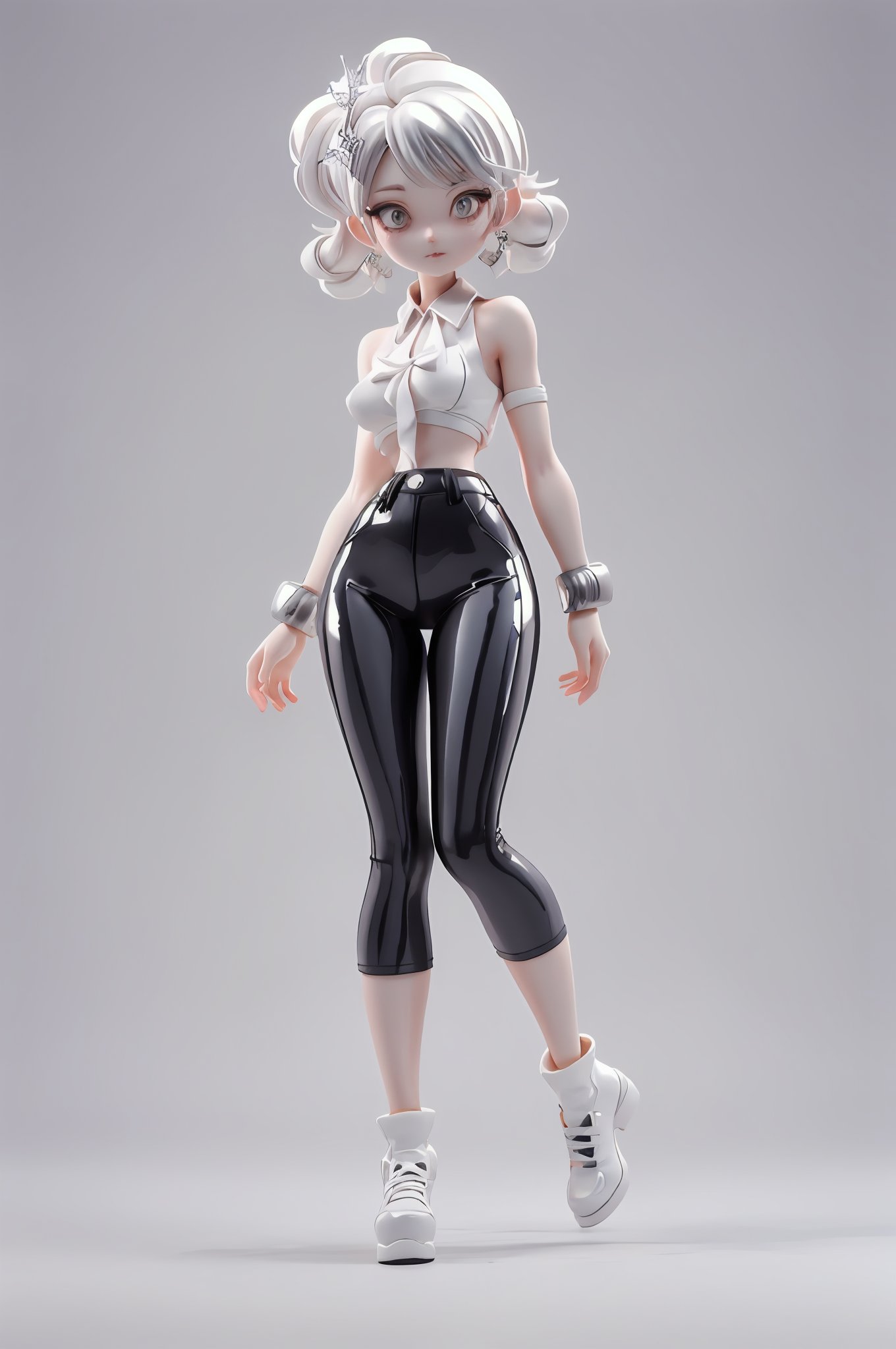 anime artwork pixar,3d style,toon,masterpiece,best quality,good shine,OC rendering,best quality,4K,super detail,1girl,((full body)),looking at viewer,standing,shiny_skin,fair_skin,Celine leather trousers with a high waist and tapered leg,light oyster white hair,gyaru,absolute_territory,tight,spandex,shoes,kneehighs,glamor,dormitory,light grey background,clean background,straight_hair,hime cut, . anime style, key visual, vibrant, studio anime, highly detailed,silvercarvingcd,(((silver brilliance body)))