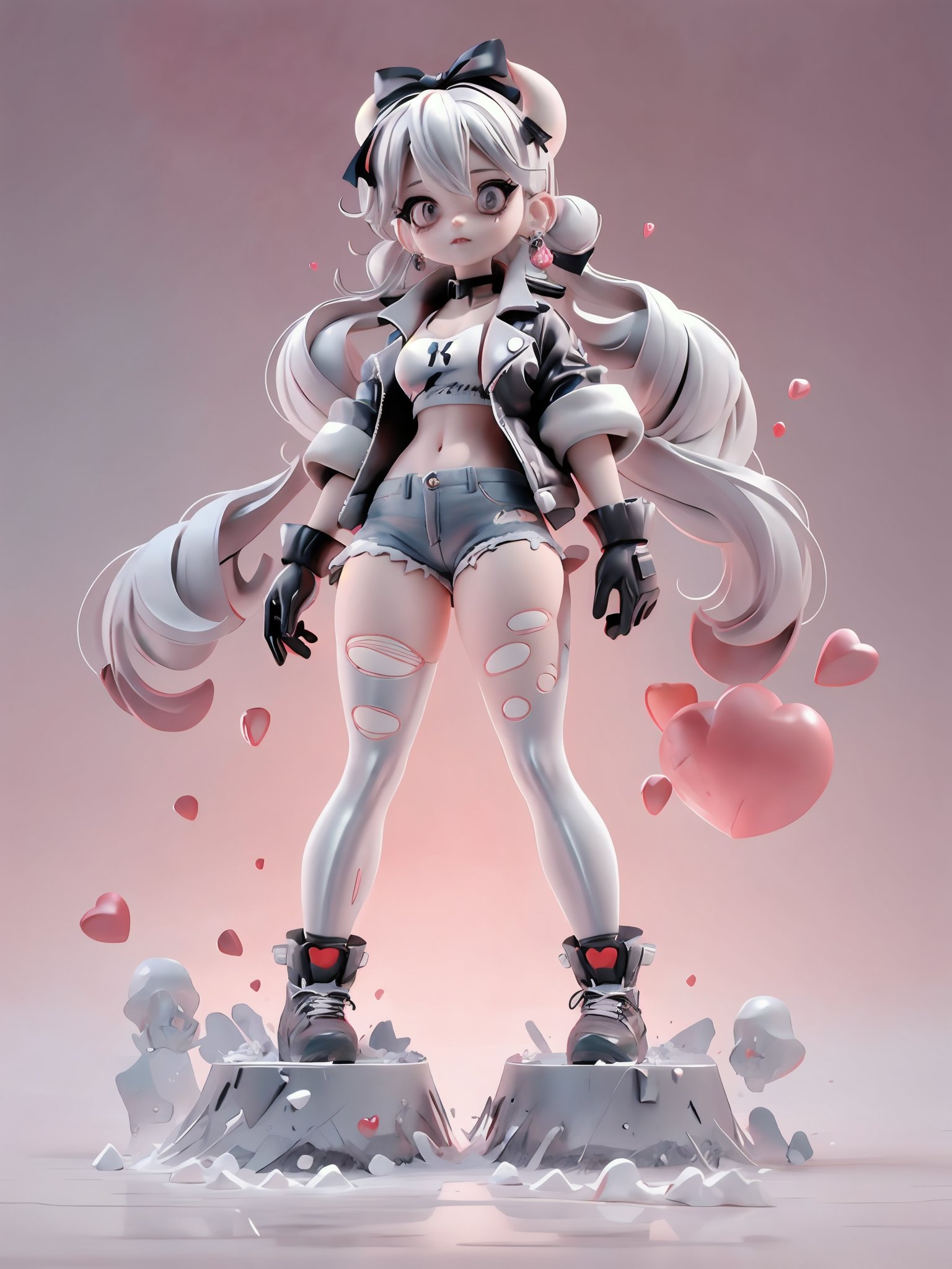 1girl,black eyes,black hair,black legwear,boots,bow,choker,earrings,full body,hair bow,heart,horns,jacket,jewelry,looking at viewer,medium hair,pants,pantyhose,shirt,shoes,skull,sneakers,spikes,standing,torn clothes,torn gloves,torn jacket,torn jeans,torn legwear,torn pants,torn shirt,torn shorts,torn skirt,torn sleeves,twintails,silvercarvingcd,(((silver brilliance body)))