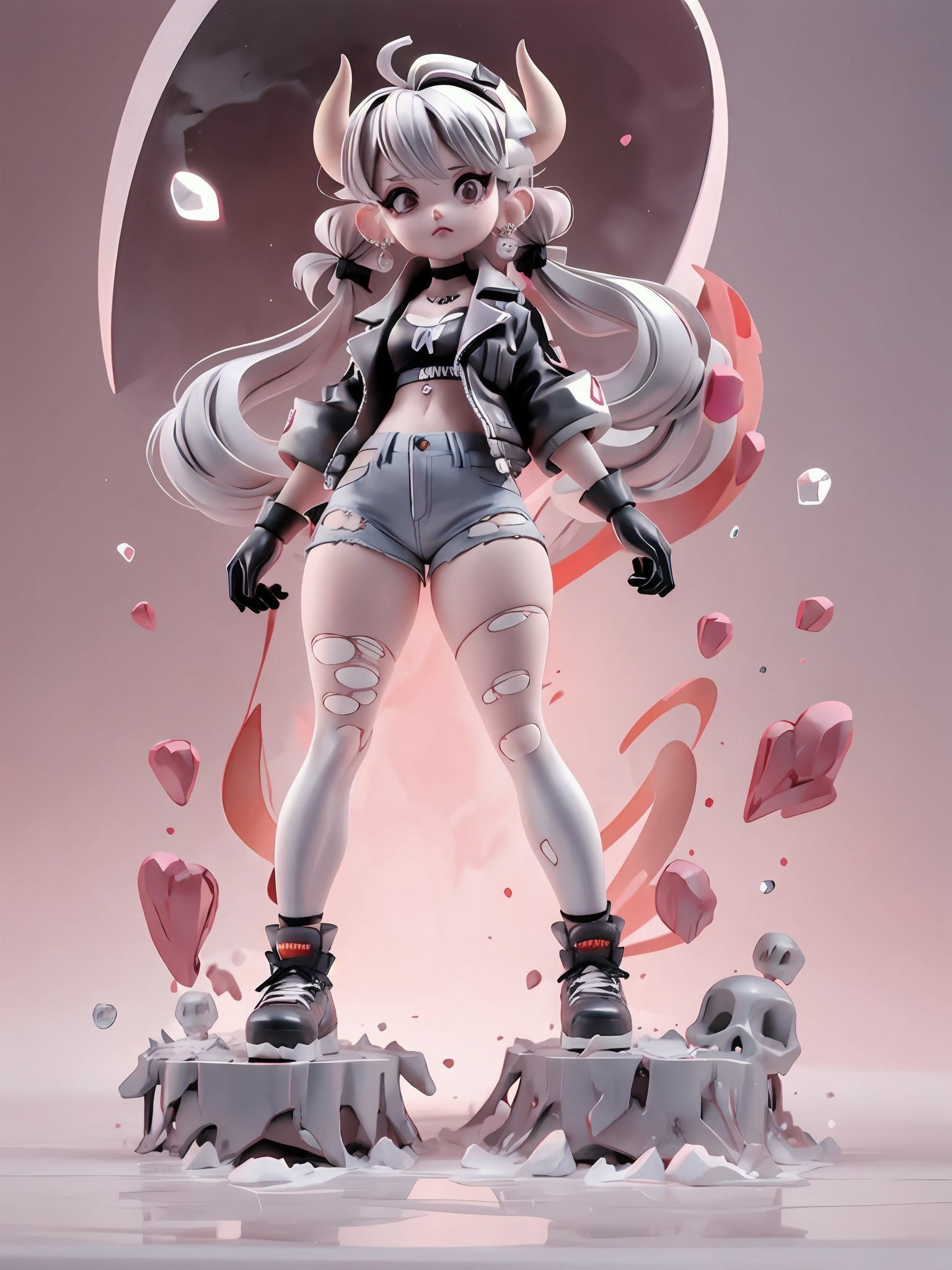 1girl,black eyes,black hair,black legwear,boots,bow,choker,earrings,full body,hair bow,heart,horns,jacket,jewelry,looking at viewer,medium hair,pants,pantyhose,shirt,shoes,skull,sneakers,spikes,standing,torn clothes,torn gloves,torn jacket,torn jeans,torn legwear,torn pants,torn shirt,torn shorts,torn skirt,torn sleeves,twintails,silvercarvingcd,(((silver brilliance body)))