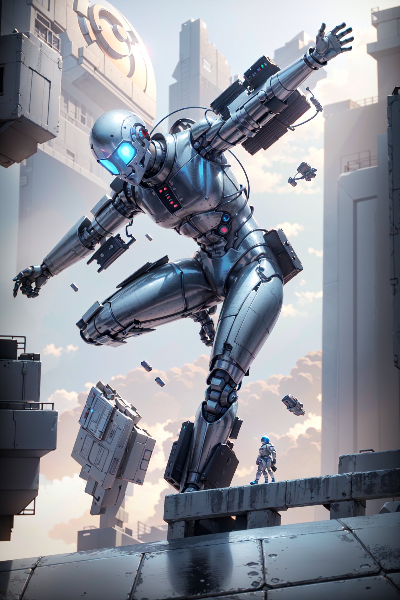 a man sitting on a ledge looking at a city , Beeple, cinema 4 d, digital art, computer artrendering,bblurry,blurry_foreground,depth_of_field,blurry_background,(photo_medium), 1man,Man,manhood,Brave,Perseverance,Detailed mechanical elements,Simple background,blue and silver,motion blur,Combat Posture,Future Technology,Mechanically composed body,outer space,Flight,Back launcher jet boost,Planetary Background,science fiction,Floating,Sprint,Attack,2.5D,科技