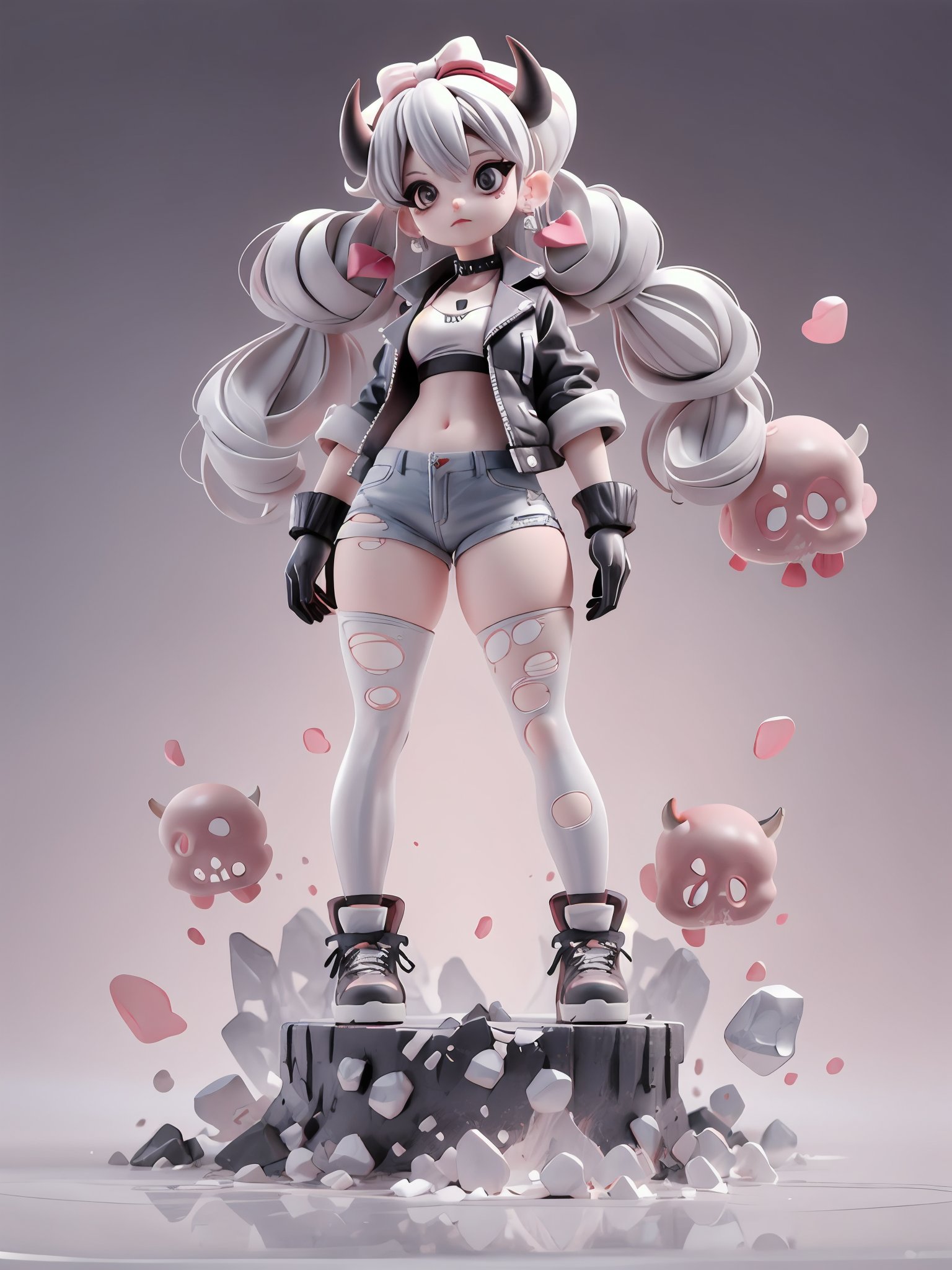 1girl,black eyes,black hair,black legwear,boots,bow,choker,earrings,full body,hair bow,heart,horns,jacket,jewelry,looking at viewer,medium hair,pants,pantyhose,shirt,shoes,skull,sneakers,spikes,standing,torn clothes,torn gloves,torn jacket,torn jeans,torn legwear,torn pants,torn shirt,torn shorts,torn skirt,torn sleeves,twintails,silvercarvingcd,(((silver brilliance body)))