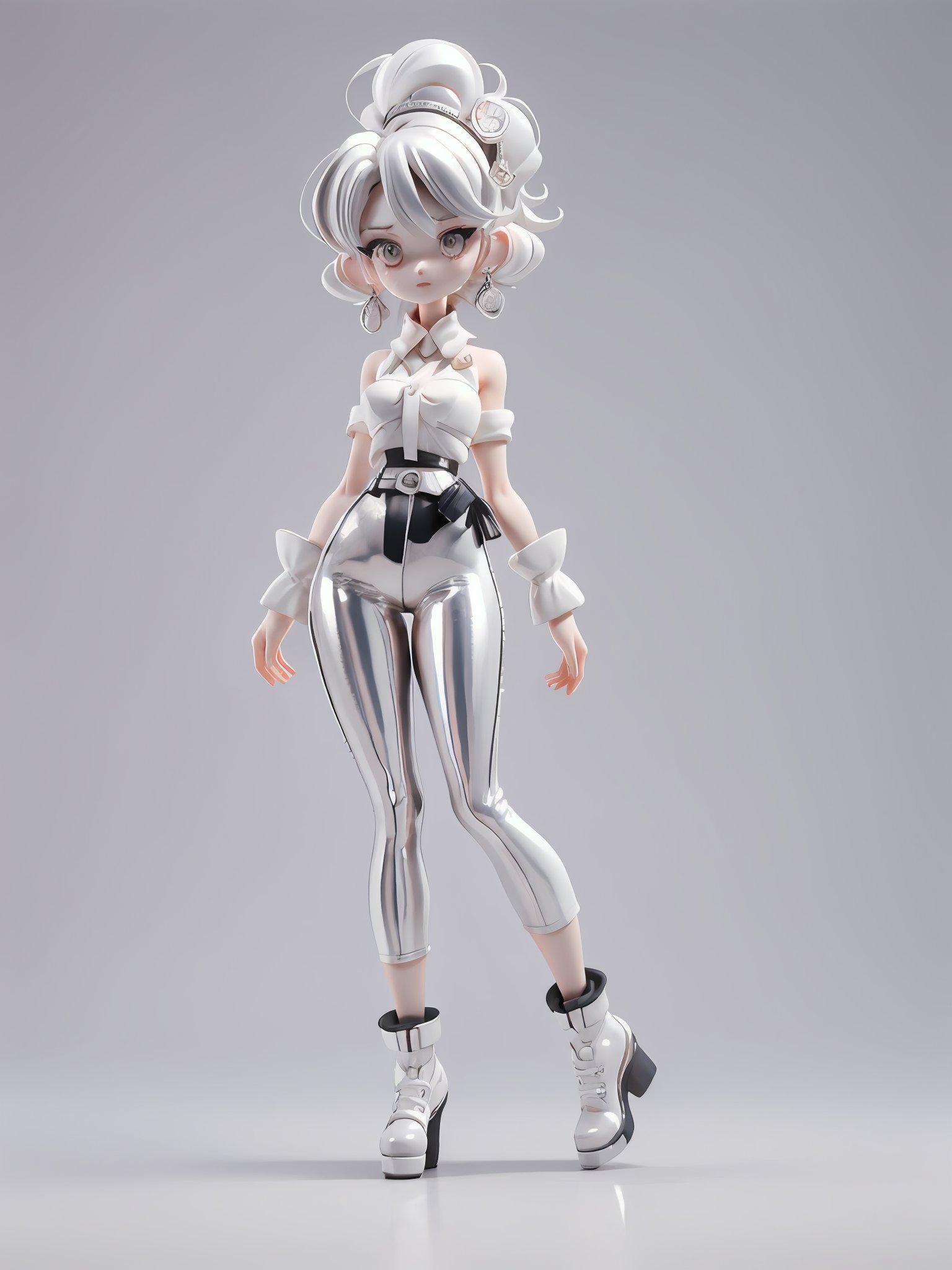 anime artwork pixar,3d style,toon,masterpiece,best quality,good shine,OC rendering,best quality,4K,super detail,1girl,((full body)),looking at viewer,standing,shiny_skin,fair_skin,Celine leather trousers with a high waist and tapered leg,light oyster white hair,gyaru,absolute_territory,tight,spandex,shoes,kneehighs,glamor,dormitory,light grey background,clean background,straight_hair,hime cut, . anime style, key visual, vibrant, studio anime, highly detailed,silvercarvingcd,(((silver brilliance body)))