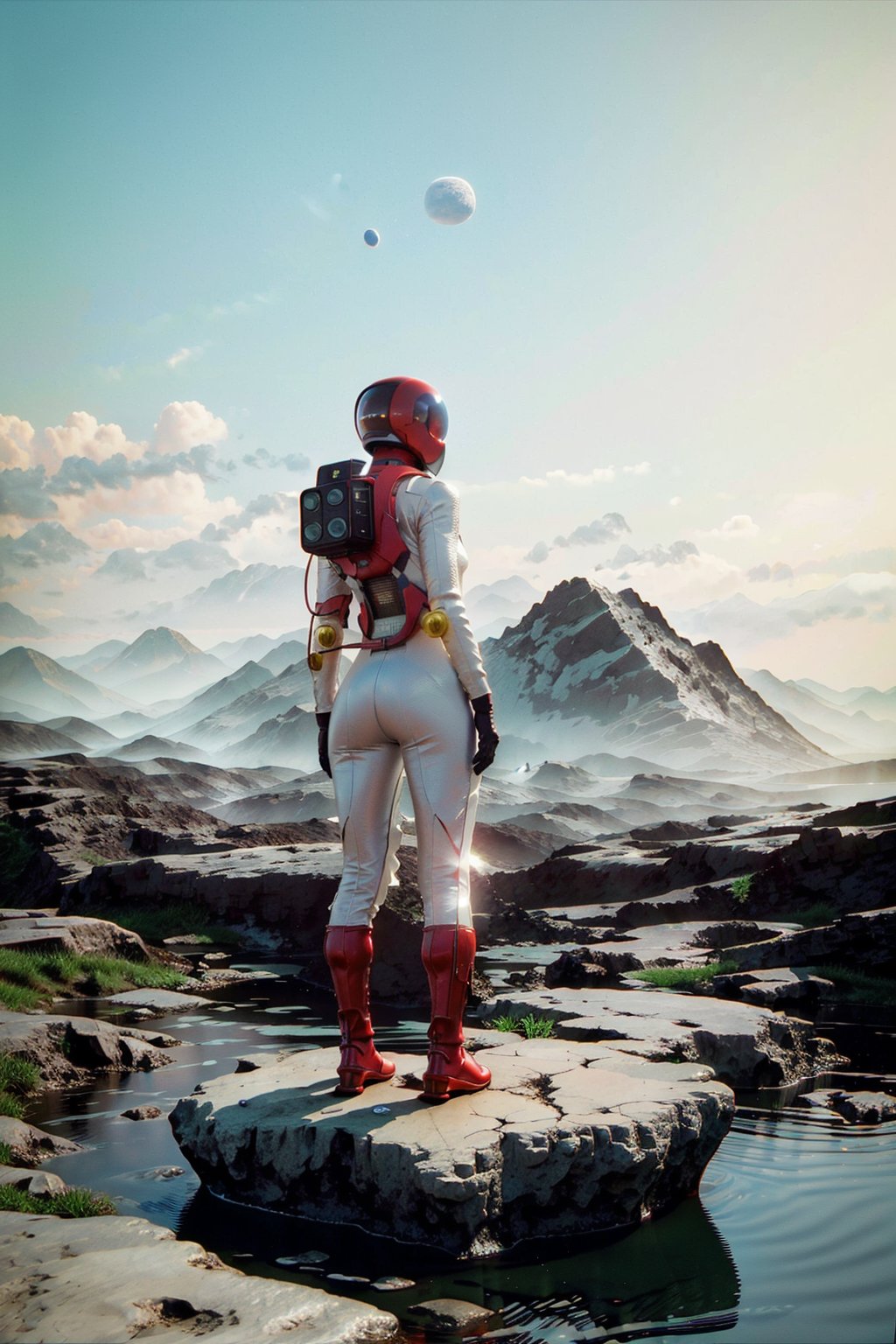 A futuristic rear angle (sci-fi) photo of a (fit woman futuristic astronaut bending over and leaning on rock overlooking advanced ancient alien structure on Exoplanet), back towards viewer, not looking at viewer, (wearing skintight white and red sci-fi spacesuit, full body), fit body, (big ass), [wide hips], (lush vegetation), alien jungle, (ancient alien ruins), [particle effect], floating in air, (mountain:1.1), (lens flare:0.7), (cross-processing), (highly detailed), (cinematic lighting:1.1), sharp shadows, intricately detailed, photographed on a Hasselblad 500, 80mm F2.8 lens, with Cinestill 800T film, cinematic contrast, light leak, outdoors, ((on Exoplanet with vivid flora)), space exploration, journey, NASA-punk, from behind, sfw, in lomostyle