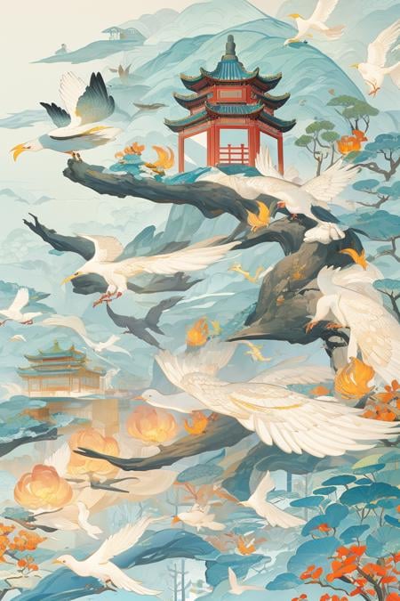 guofeng,building,(bird:0.8),chinese style,illustration,masterpiece,best quality,illustration,no humans,<lora:chinese style illustration_0.5+chinese style illustration v2_0.5:0.8>,