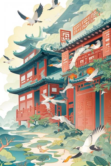 guofeng,building,(bird:0.8),chinese style,illustration,masterpiece,best quality,illustration,no humans,<lora:chinese style illustration_0.5+chinese style illustration v2_0.5:0.8>,