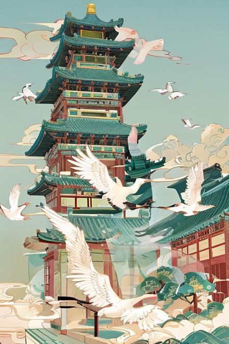 guofeng,building,(bird:0.8),chinese style,illustration,masterpiece,best quality,illustration,no humans,<lora:Chinese style illustration v2:0.7>,