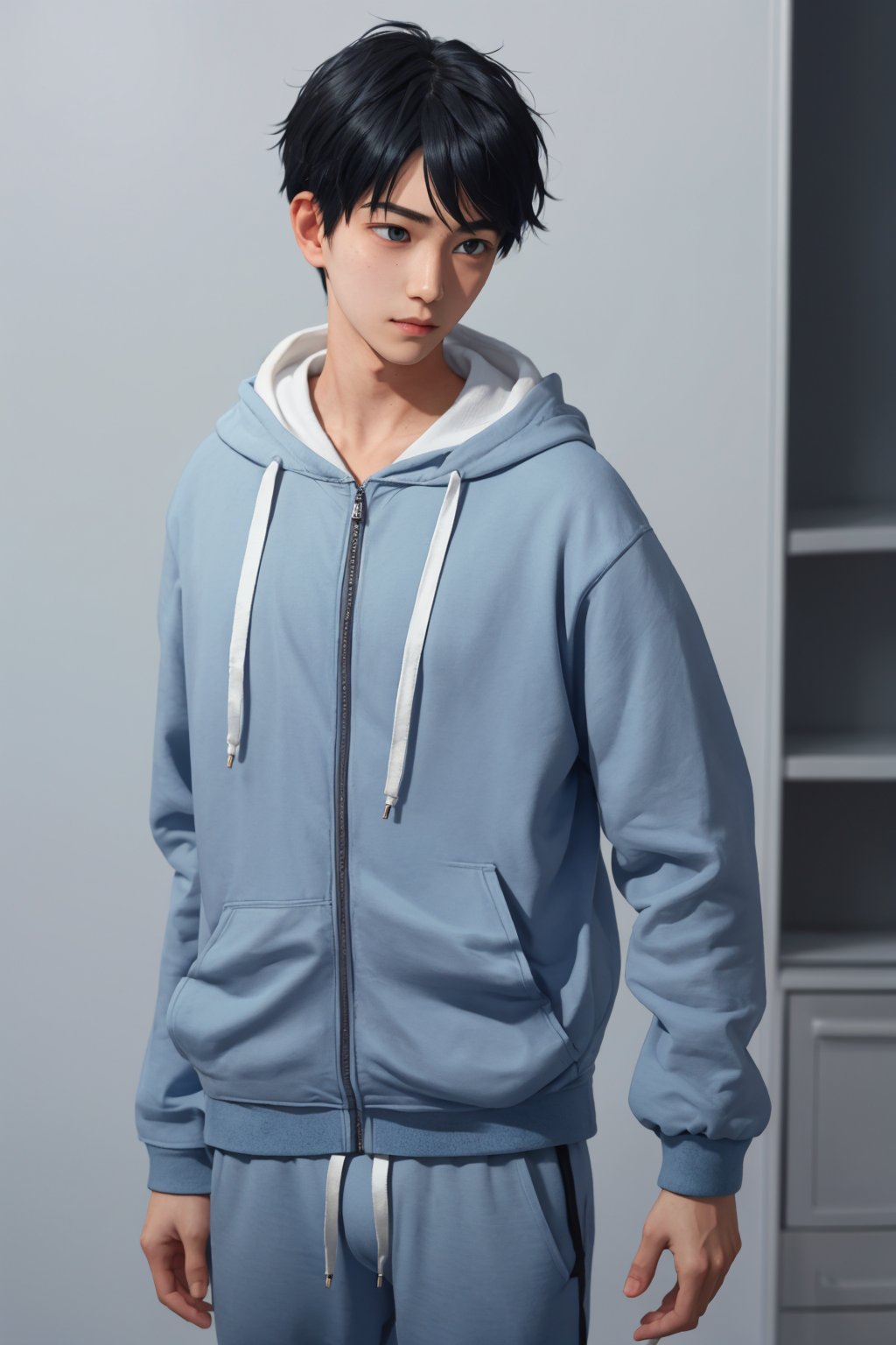 male,1boy,blue jacket, white hoodie, super short hair, owo, black sweatpants,maleteenager,shy