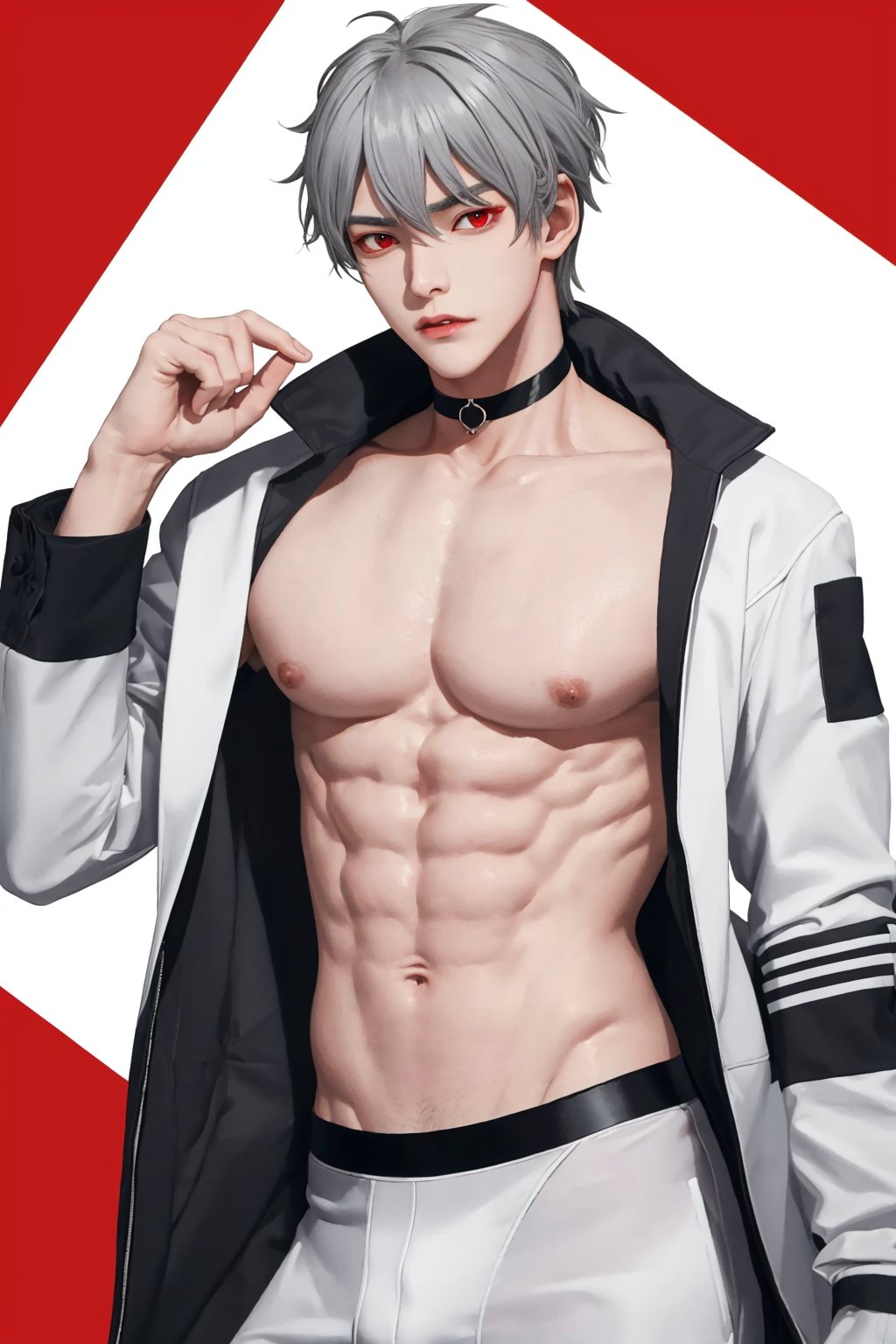 male,quality,muscle,bulge,muscle,owo,gray hair,white jacket,suit,red eyes,shy,solo,only,choker