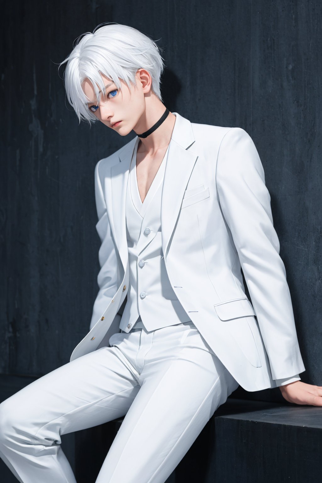 1boy,1080P,shota,white hair,solo,only,choker,muscle,sit,(white suit) ,white skin,blue eyes,STAND,Men's suits,shy