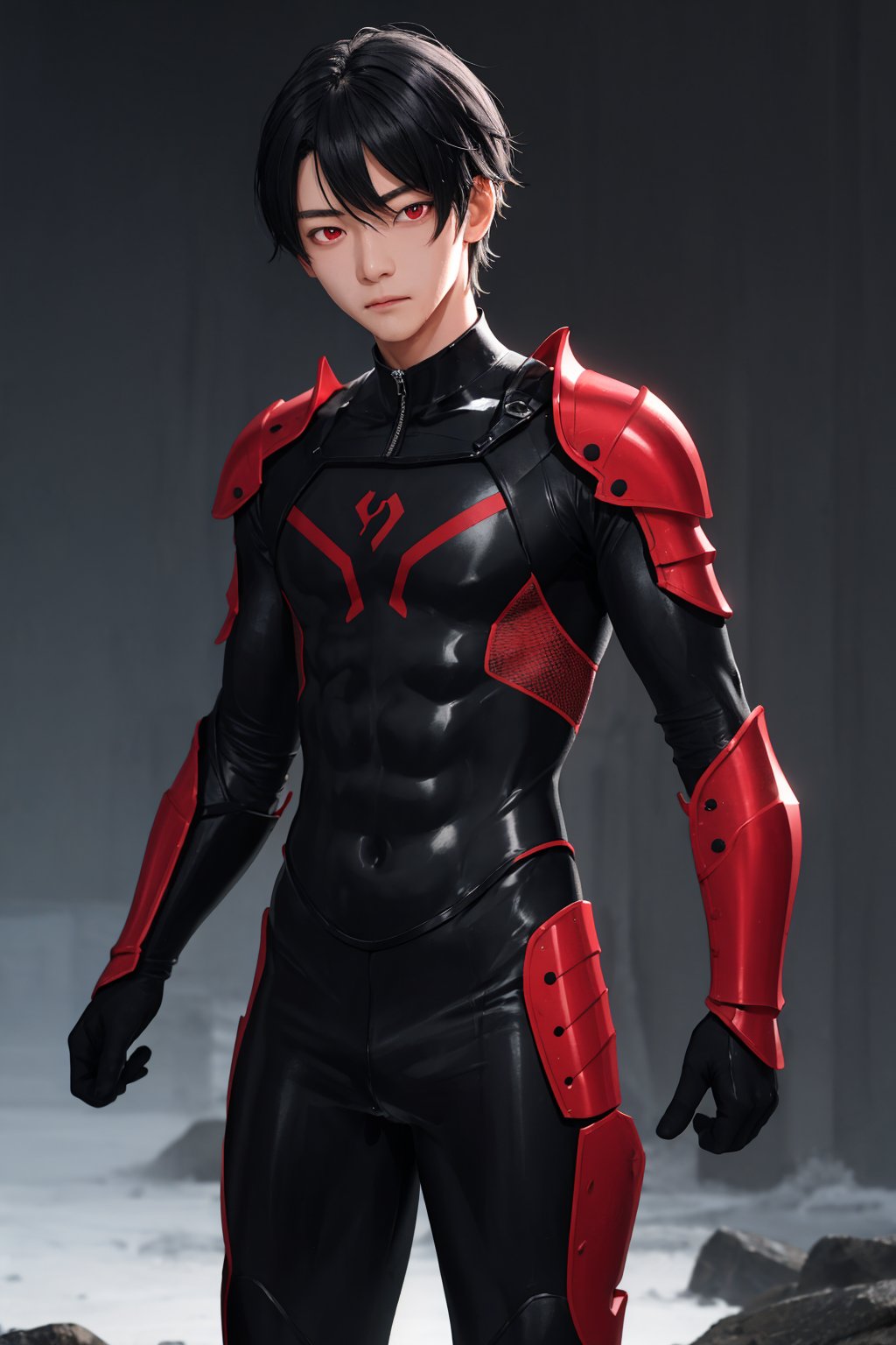 1boy,close fitting armor,red eyes,wetsuit,black hair,cute face,stand,