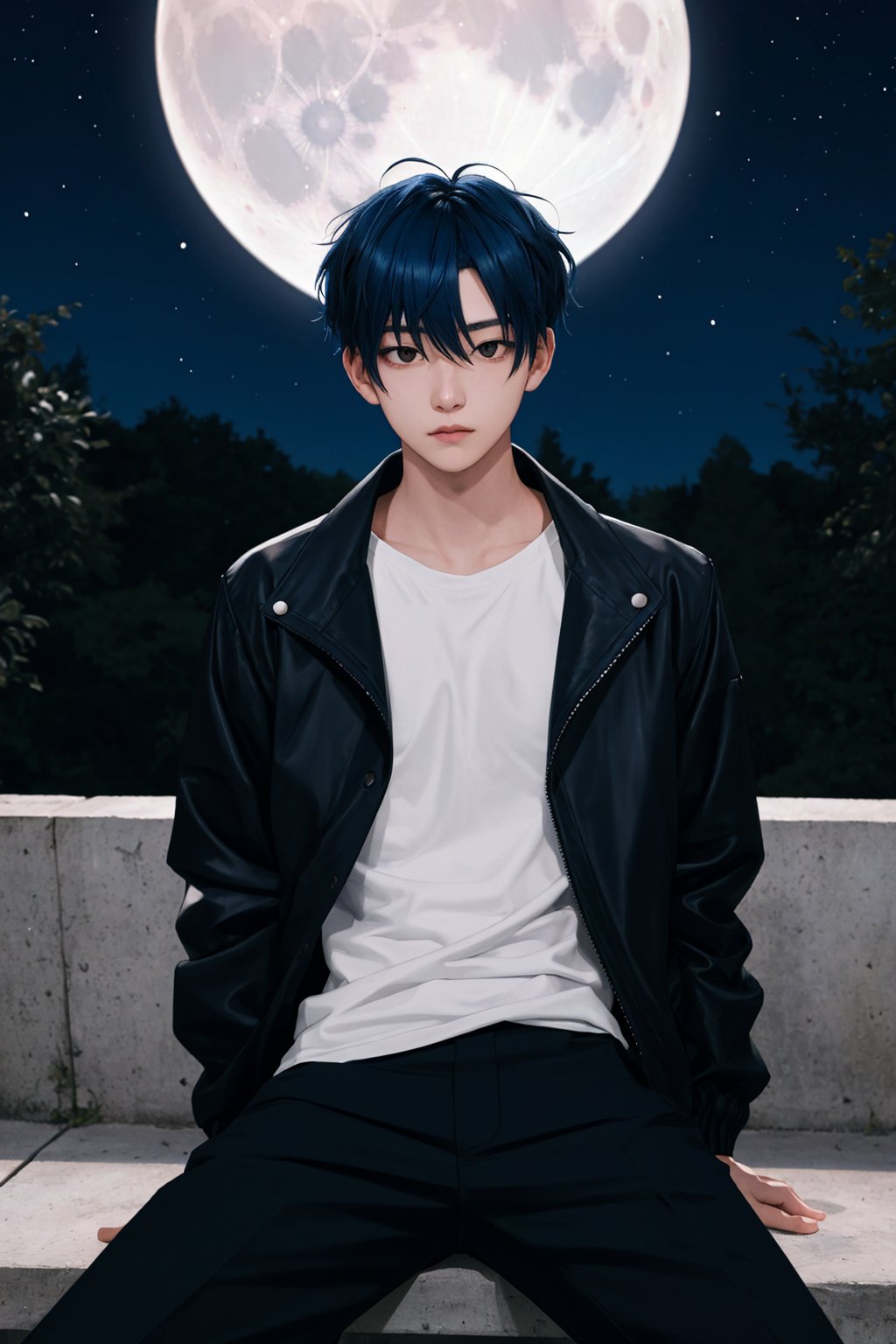 1boy,sit,jacket,black eyes,blue hair,male,moon,night,undercut