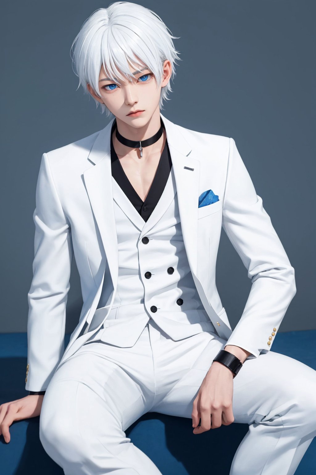 1boy,1080P,shota,white hair,solo,only,choker,muscle,sit,(white suit) ,white skin,blue eyes,STAND,Men's suits,shy