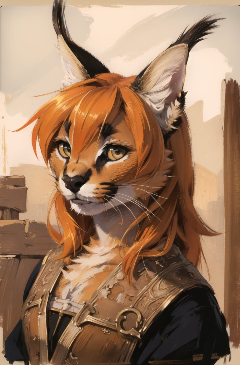 absurdres, highres, ultra detailed, masterpiece, cel shading,africafurry girl,caracal,long orange hair,shiny hair,(high detail fur:1.2),solo,roman army,oil painting,traditional medialooking at viewer <hypernet:furry_kemono:0.3><lora:Caracal:0.7> <lora:ankamaV2:0.3>  <lora:Oilpainting:0.5>