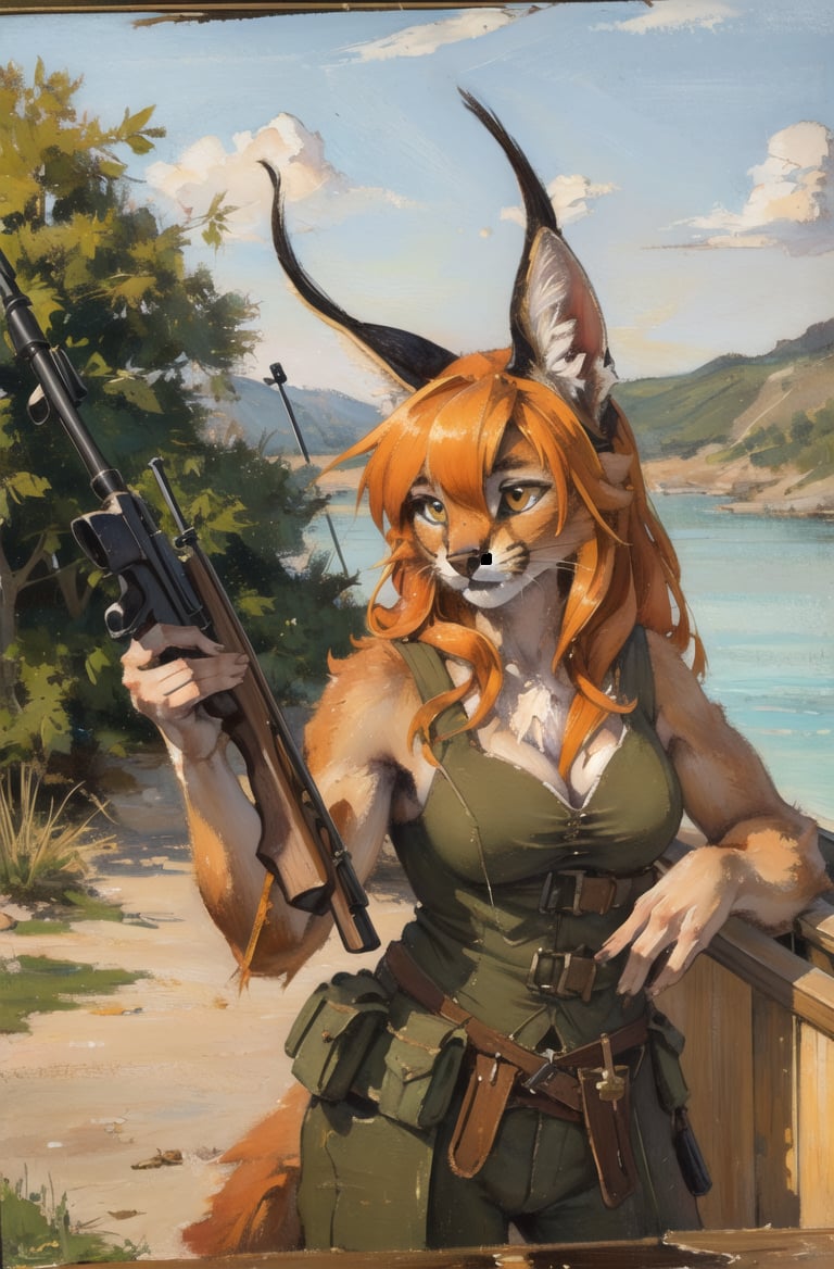 absurdres, highres, ultra detailed, masterpiece, cel shading,on  boat furry girl,caracal,long orange hair,shiny hair,(high detail fur:1.2),solo,18th grenadier,oil painting,traditional media, rifle shoting,tricorn <hypernet:furry_kemono:0.3><lora:Caracal:0.7> <lora:ankamaV2:0.3>  <lora:Oilpainting:0.7>