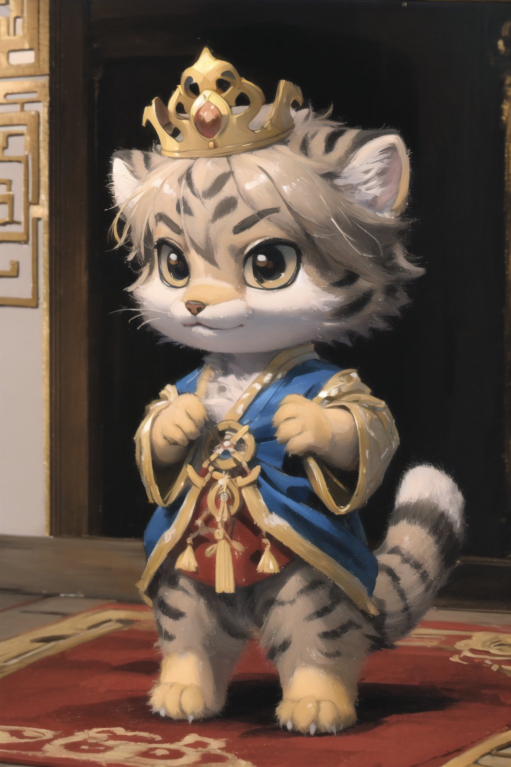 absurdres, highres, ultra detailed, masterpiece, cel shading,indoor,chinese palace,the great wall,furry,short hair,shiny hair,chibi,kitten(high detail fur:1.2),solo,Luxurious emperor's new clothes,crown,chibi,oil painting,traditional media,looking at viewer,furry male,Fechin,tusun,pallascat,manul,manulcat,3DMM