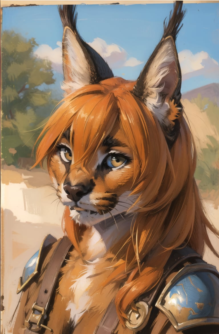 absurdres, highres, ultra detailed, masterpiece, cel shading,africafurry girl,caracal,long orange hair,shiny hair,(high detail fur:1.2),solo,roman gladiator,oil painting,traditional medialooking at viewer <hypernet:furry_kemono:0.3><lora:Caracal:0.7> <lora:ankamaV2:0.3>  <lora:Oilpainting:0.5>