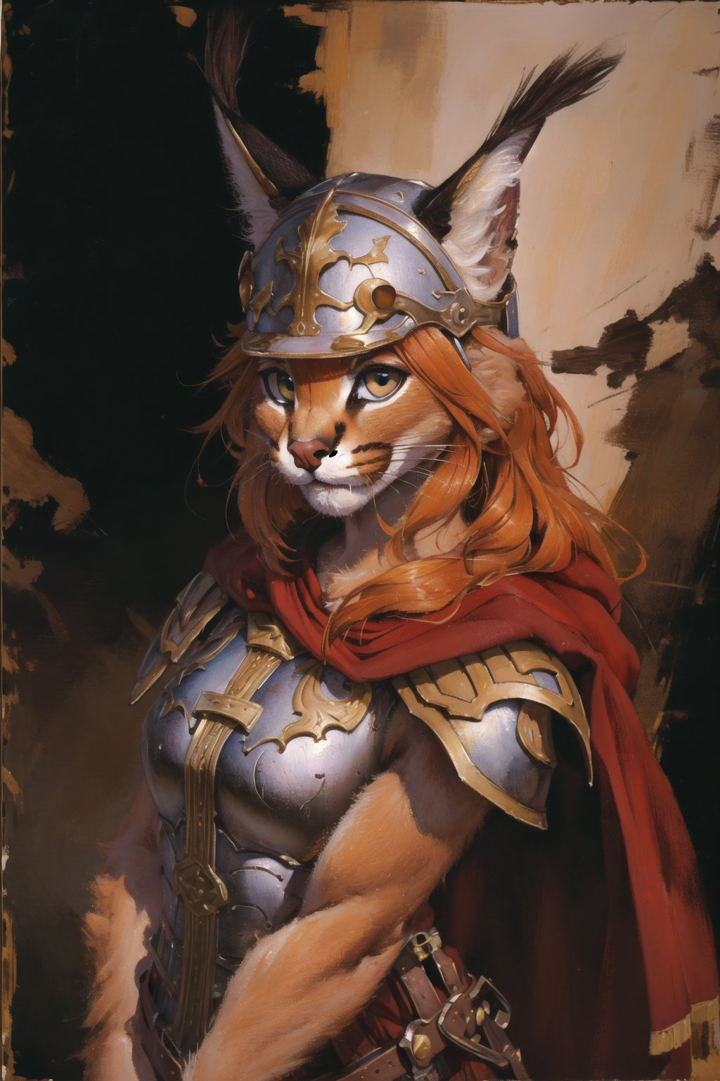 absurdres, highres, ultra detailed, masterpiece, cel shading,wind,thunderboltfurry girl,caracal,long orange hair,shiny hair,(high detail fur:1.2),solo,oil painting,traditional medialooking at viewer,romanarmy warrior with helmet on and red cape,<lora:Caracal:0.7>  <lora:Oilpainting:0.5> <lora:ARWromanarmy:1> <lora:kenkelly:0.3>