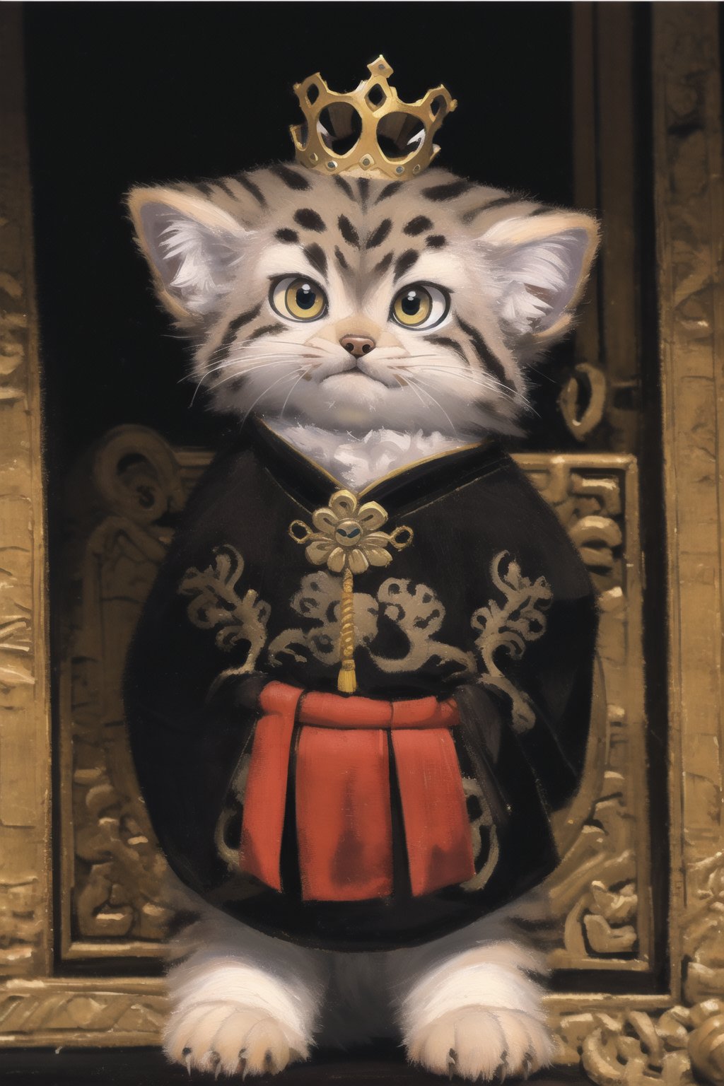 absurdres, highres, ultra detailed, masterpiece, cel shading,indoor,chinese palace,the great wall,furry,short hair,shiny hair,chibi,kitten(high detail fur:1.2),solo,chinese emperor clothes,crown,chibi,oil painting,traditional media,looking at viewer,furry male,Fechin,tusun,pallascat,manul,manulcat,3DMM