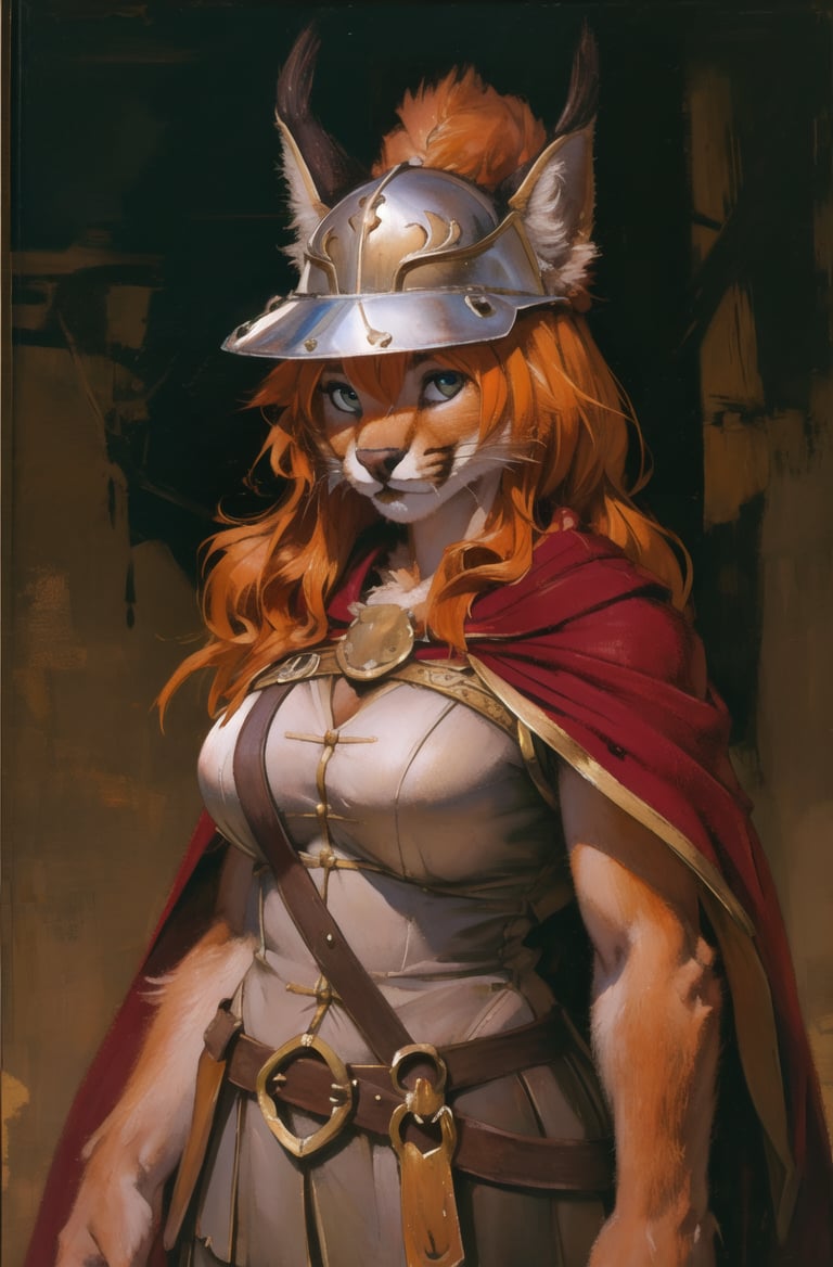 absurdres, highres, ultra detailed, masterpiece, cel shading,africa,cowboy shotfurry girl,caracal,long orange hair,shiny hair,(high detail fur:1.2),solo,,oil painting,traditional medialooking at viewer,female romanarmy warrior with helmet on and red cape <hypernet:furry_kemono:0.3><lora:Caracal:0.7> <lora:ankamaV2:0.3>  <lora:Oilpainting:0.5> <lora:ARWromanarmy:1>