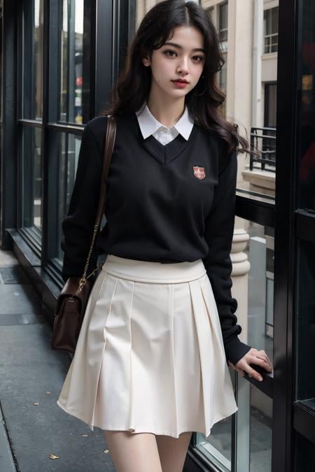 ultra-detailed,masterpiece,finely detail,highres,8k wallpaper,black_hair, bookshelf, building, checkered, skirt, solo, 1girl, long_hair, shirt, long_sleeves, school_uniform, white_shirt, pleated_skirt, indoors,  window, sweater_vest, brown_skirt, railing, balcony, dark academia, outfits<lora:dark:0.8>