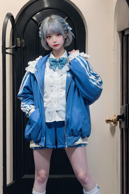 1girl, blue_nails, bow, fingernails, nail_polish, realistic, shorts, solo, looking_at_viewer, short_hair, bangs, skirt, shirt, long_sleeves, standing, jacket, white_shirt, grey_hair, frills, open_clothes, hand_up, bowtie, open_jacket, blue_skirt, sleeves_past_wrists, feet_out_of_frame, blue_bow, white_bow, blue_jacket, door, Mizuiro, outfit,bright light,<lora:Mizuiro:1>