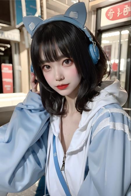 1girl, asian, bangs, black_hair, blunt_bangs, hood, lips, looking_at_viewer, short_hair, solo, dress, animal_ears, cat_ears, white_dress, black_eyes, fake_animal_ears, headphones, realistic, nose, red_lips, animal_ear_headphones, cat_ear_headphones, Mizuiro, outfit<lora:Mizuiro:1>