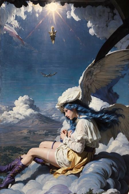 renaissance,(1girl), (full body), Eureshya, angel, halo, ((wing, large wing)), thighhighs, long hair, blue hair, purple eyes, boot, dress, hat, arm warmers, armor, midair, above clouds, backlighting, sunlight, sun, blue sky, ((fetal position)),<lora:Eureshya v1.0:0.6><lora:文艺复兴:1>