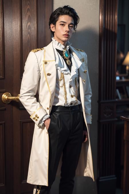 masterpiece,1boy, buttons, solo, white_gloves, shirt, long_sleeves, jewelry, closed_mouth, standing, jacket, white_shirt, male_focus, cowboy_shot, frills, pants, indoors, dark_skin, lips, coat, black_pants, white_jacket, brooch, gem, facing_viewer, arm_at_side, gold_trim, hand_in_pocket, realistic, door, arms_at_sides, head_out_of_frame, white_coat, double-breasted, Princecore, outfit<lora:Princecore:0.8:OUTD>