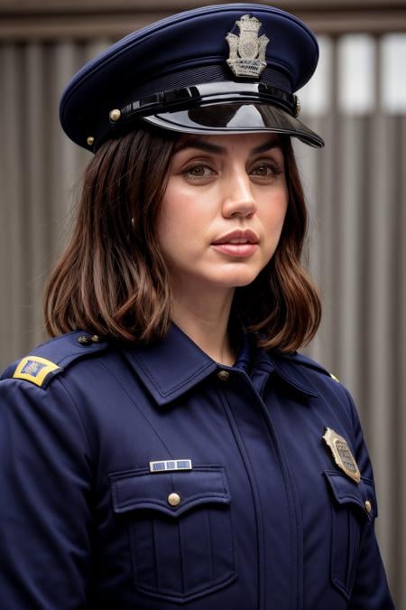 face closeup photo of anamr <lora:AnaDeArmasV2Dogu:1>  wearing a police uniform, 