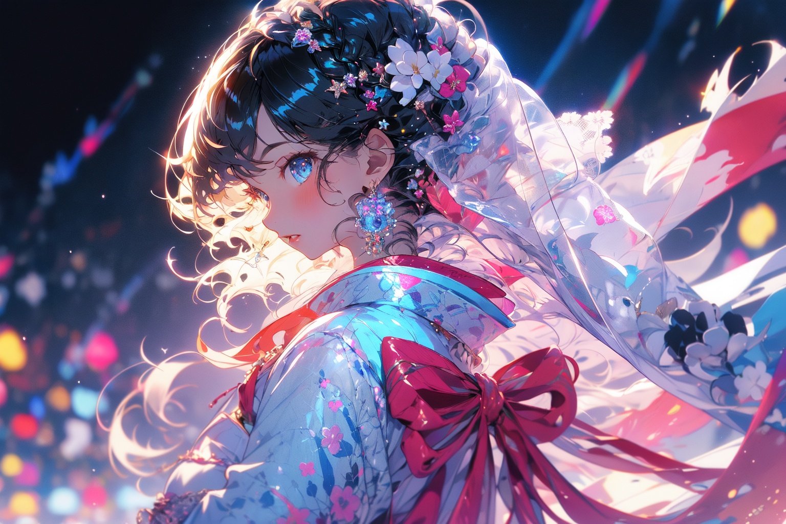 (masterpiece:1.2), best quality,PIXIV,Colorful portraits, 1girl, solo, jewelry, earrings, long hair, braid, profile, upper body, bangs, blue eyes, from side, veil, bow, kimono, long sleeves, japanese clothes, white hair, black background, single braid, blush, see-through<lora:Colorful portraits_20230715165729-000018:1>