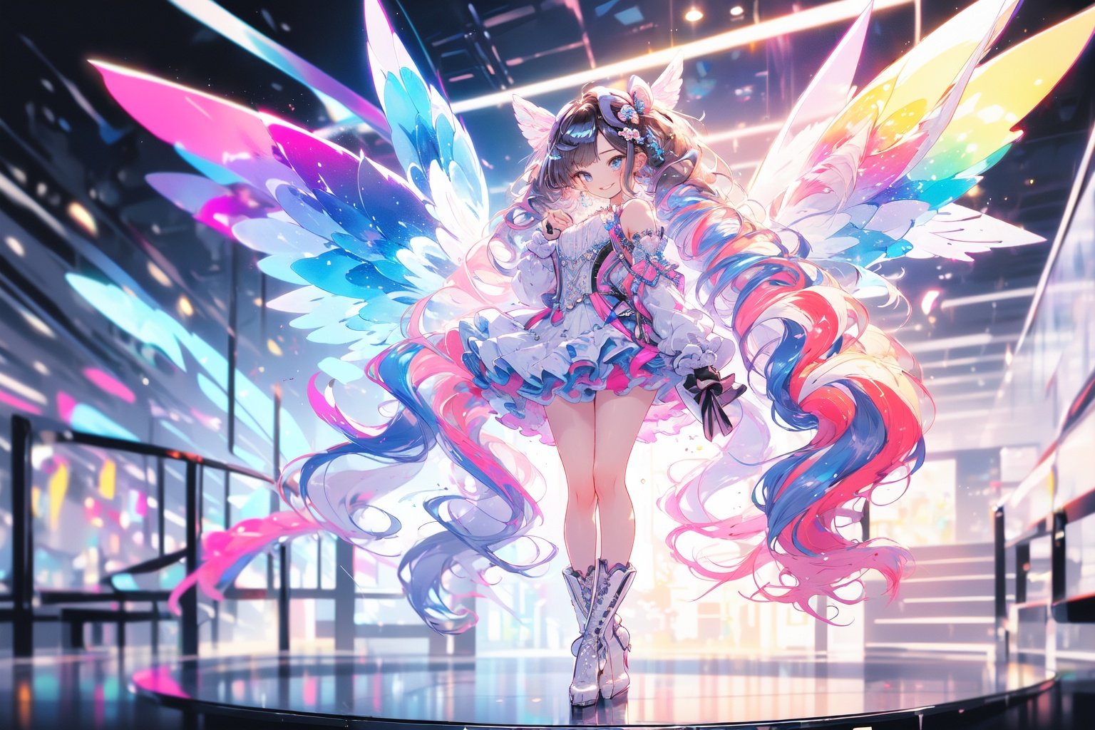 (masterpiece:1.2), best quality,PIXIV,Colorful portraits, multicolored,1girl, solo, long hair, heart, very long hair, wings, pink hair, looking at viewer, dress, blue eyes, bangs, white wings, bow, twintails, full body, standing, boots, multicolored hair, white footwear, high heels, bottle, smile, hair bow, hair ornament<lora:Colorful portraits_20230715165729-000018:1>