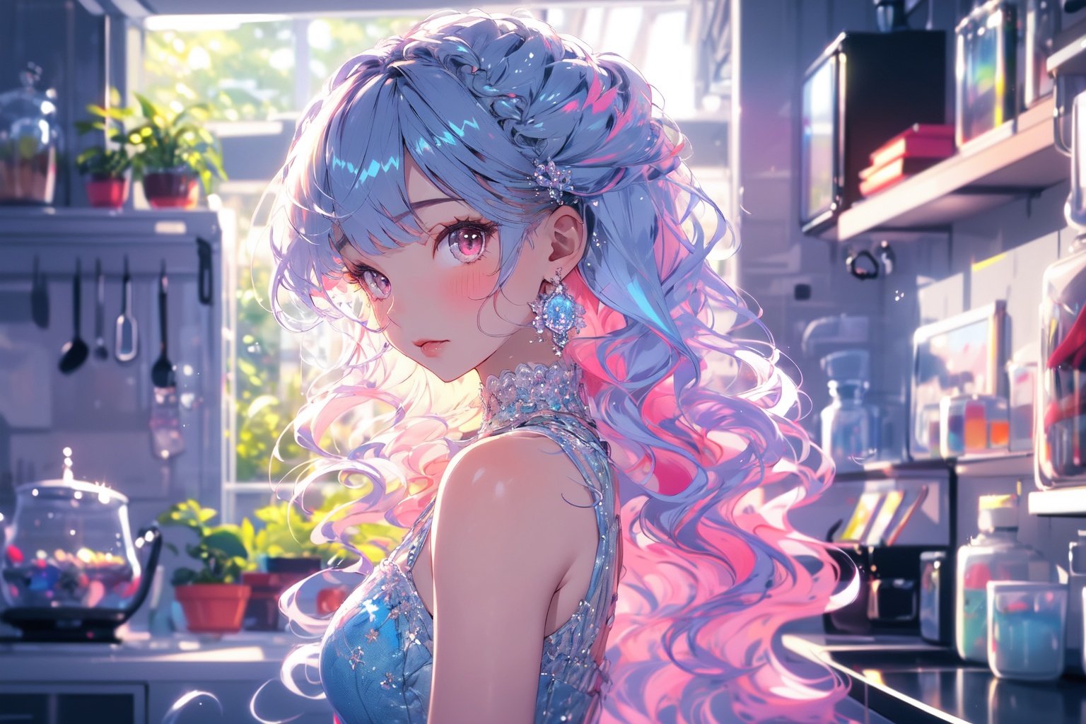 (masterpiece:1.2), best quality,PIXIV,Colorful portraits, 1girl, solo, long hair, looking at viewer, jewelry, earrings, indoors, bangs, dress, blush, plant, multicolored hair, upper body, shelf, pink eyes, window, potted plant, flower, closed mouth, from side, wavy hair, bare shoulders, sleeveless, pink hair, kitchen, breasts, blue dress,white hair,<lora:Colorful portraits_20230715165729-000018:1>