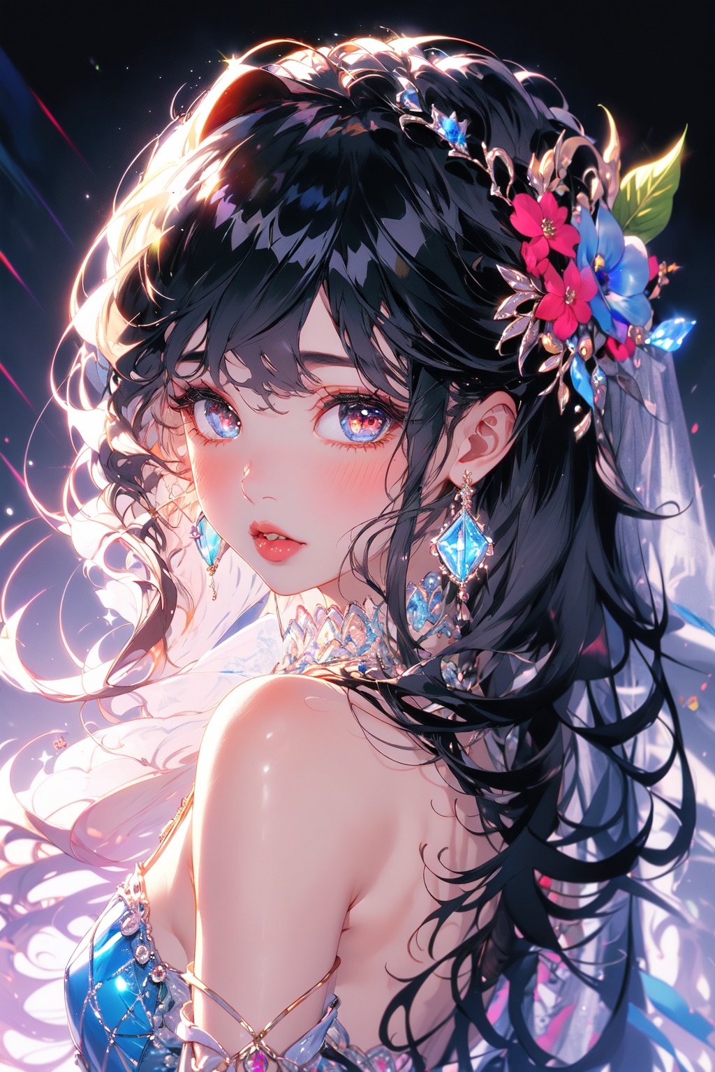 (masterpiece:1.2), best quality,PIXIV,Colorful portraits, 1girl, solo, jewelry, earrings, black hair, looking at viewer, long hair, hair ornament, blush, bare shoulders, looking back, gem, parted lips, blurry, portrait, eyelashes, glint, dress, flower, leaf, bangs, beads, from behind, lips, veil, upper body<lora:Colorful portraits_20230715165729-000018:1>