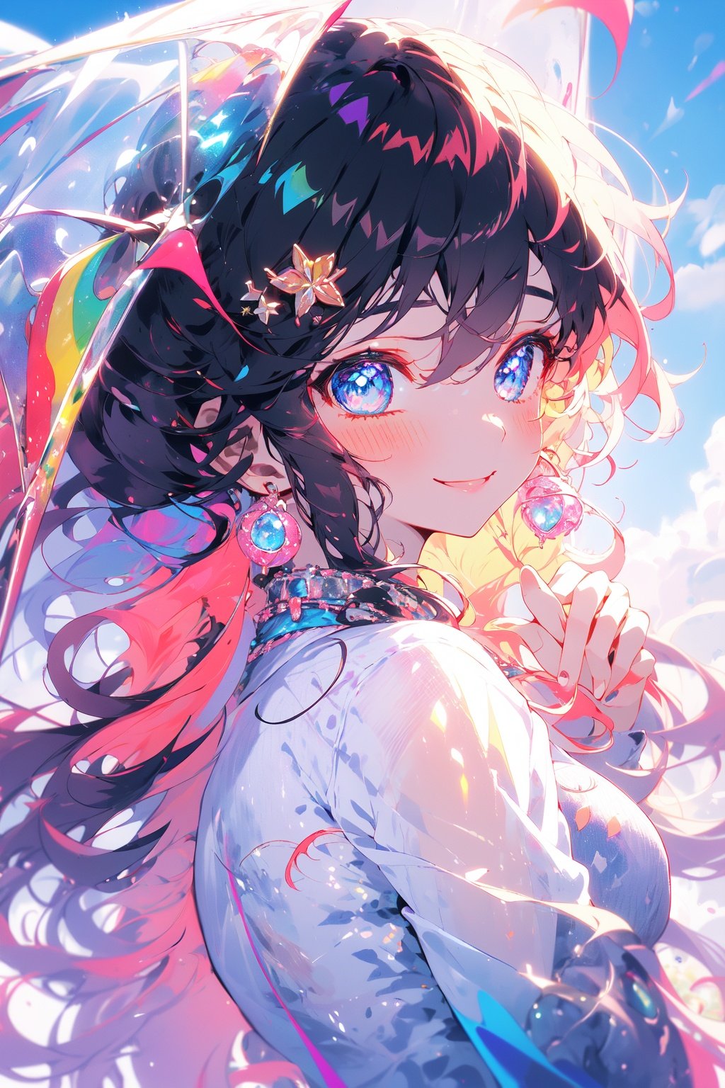 (masterpiece:1.2), best quality,PIXIV,Colorful portraits1girl, solo, looking at viewer, blue eyes, smile, earrings, jewelry, blush, long hair, transparent, pink hair, multicolored hair, closed mouth, upper body, blonde hair, umbrella, bangs, hair between eyes, hair ornament, rainbow, long sleeves, from side, looking to the side <lora:Colorful portraits_20230715165729-000018:0.9>