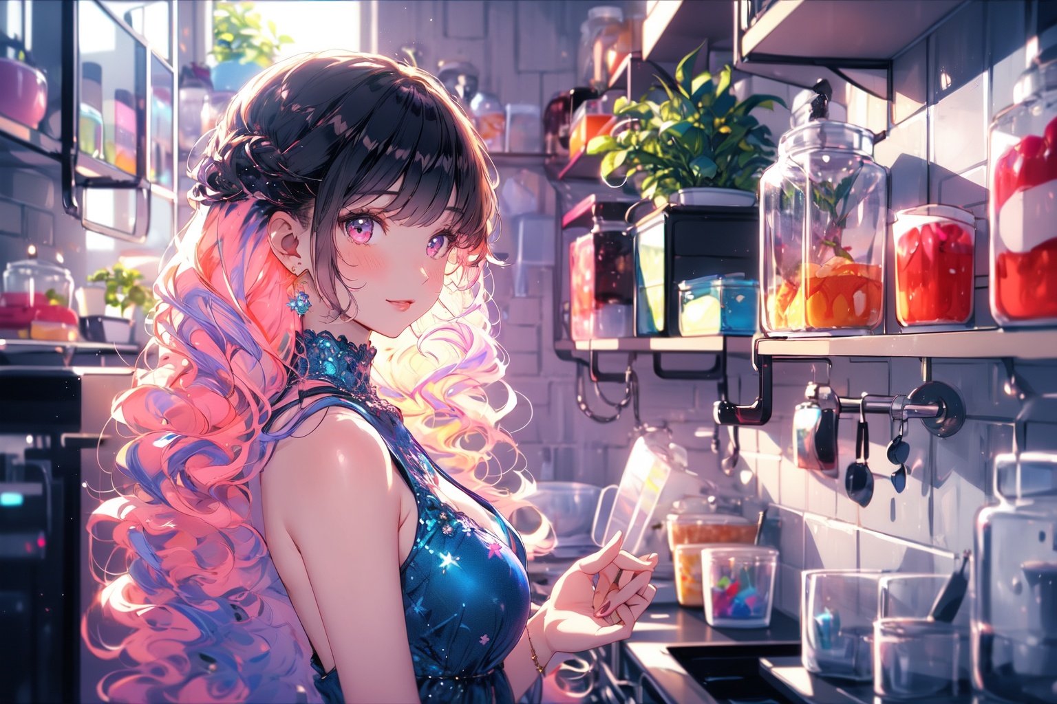 (masterpiece:1.2), best quality,PIXIV,Colorful portraits, 1girl, solo, long hair, looking at viewer, jewelry, earrings, indoors, bangs, dress, blush, plant, multicolored hair, upper body, shelf, pink eyes, window, potted plant, flower, closed mouth, from side, wavy hair, bare shoulders, sleeveless, pink hair, kitchen, breasts, blue dress<lora:Colorful portraits_20230715165729-000018:1>