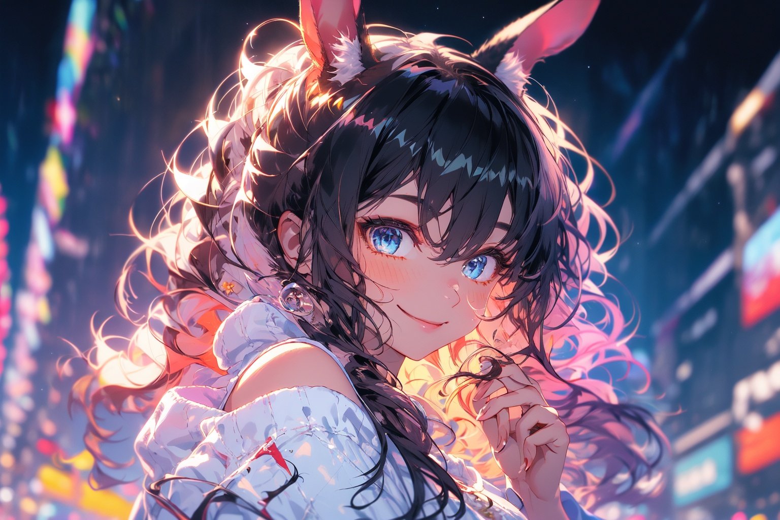 (masterpiece:1.2), best quality,PIXIV,Colorful portraits, 1girl, animal ears, amiya (arknights), solo, rabbit ears, blue eyes, long hair, brown hair, smile, night, shirt, hair between eyes, bare shoulders, bangs, upper body, white shirt, animal ear fluff, outdoors, sky, night sky, sidelocks, ponytail, lantern, closed mouth, off shoulder, off-shoulder shirt, looking at viewer, frills<lora:Colorful portraits_20230715165729-000018:1>