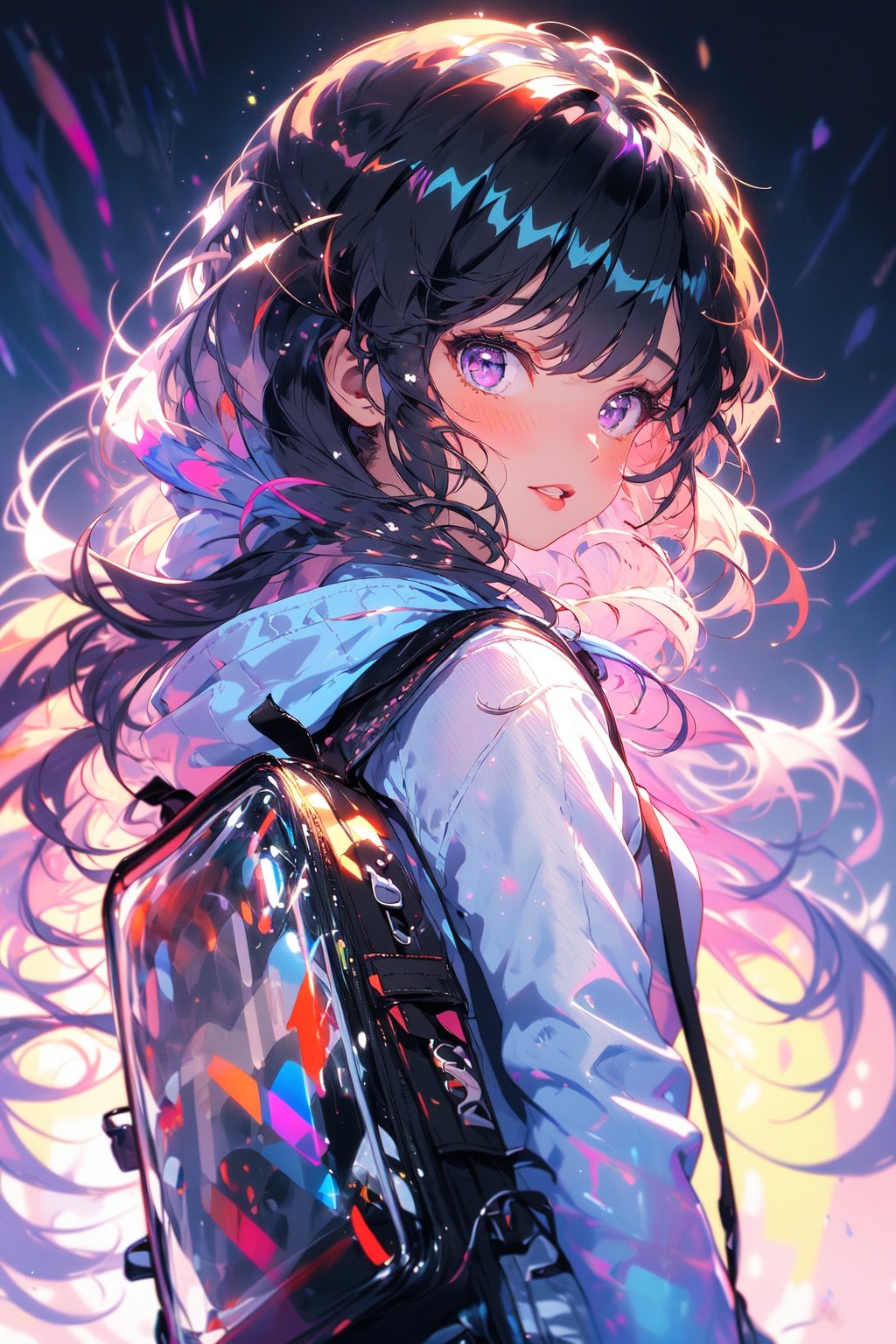 (masterpiece:1.2), best quality,PIXIV,Colorful portraits,1girl, backpack, solo, bag, long hair, looking back, looking at viewer, upper body, floating hair, white background, black hair, from behind, randoseru, parted lips, purple eyes, blush, long sleeves, simple background, bangs, brown hair, gradient <lora:Colorful portraits_20230715165729-000018:0.9>