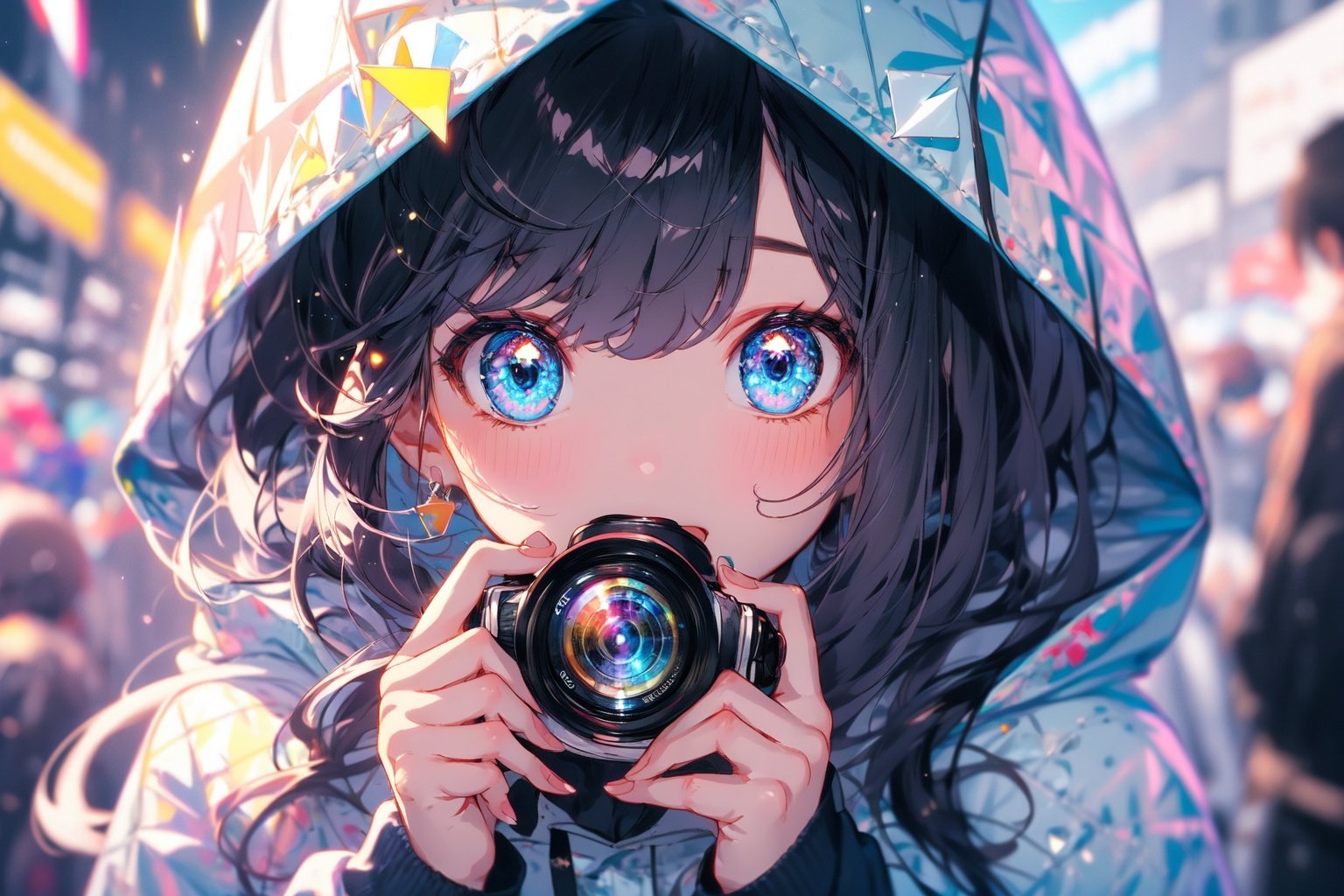 (masterpiece:1.2), best quality,PIXIV,Colorful portraits, 1girl, solo, looking at viewer, holding, blue eyes, camera, hood, black hair, bangs, blush, holding camera, long hair, long sleeves, upper body, blurry, hood up, hoodie, hands up, triangle, sweater, depth of field, light particles, covered mouth, fingernails<lora:Colorful portraits_20230715165729-000018:1>