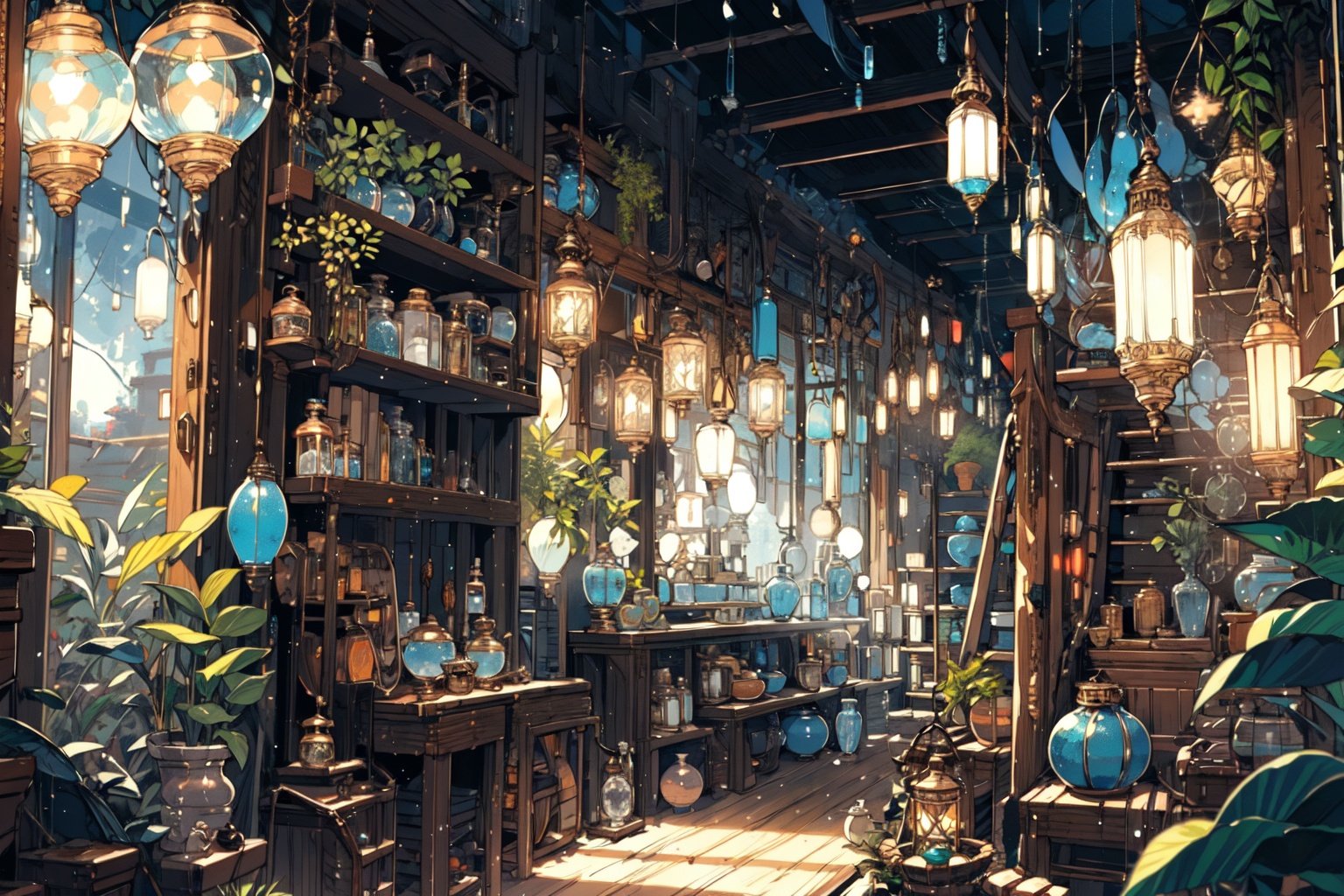 (masterpiece:1.2), best quality,PIXIV, Night scene,scenery, no humans, window, plant, potted plant, indoors, shelf, wooden floor, lantern, lamp, book, bookshelf, blurry, table, jar, depth of field, chair, cup, fantasy, barrel, ladder <lora:Night scene_20230715120543:1>