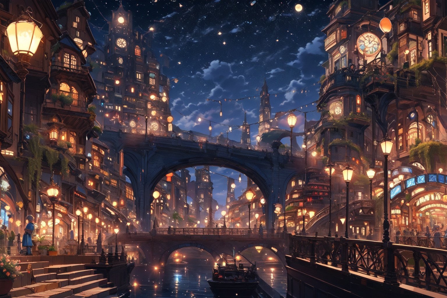 (masterpiece:1.2), best quality,PIXIV,Night scene,scenery, sky, fantasy, cloud, outdoors, building, city, water, bridge, night, lamppost, railing, window, plant, lantern, arch, cityscape, stairs, flower <lora:Night scene_20230715120543:1>