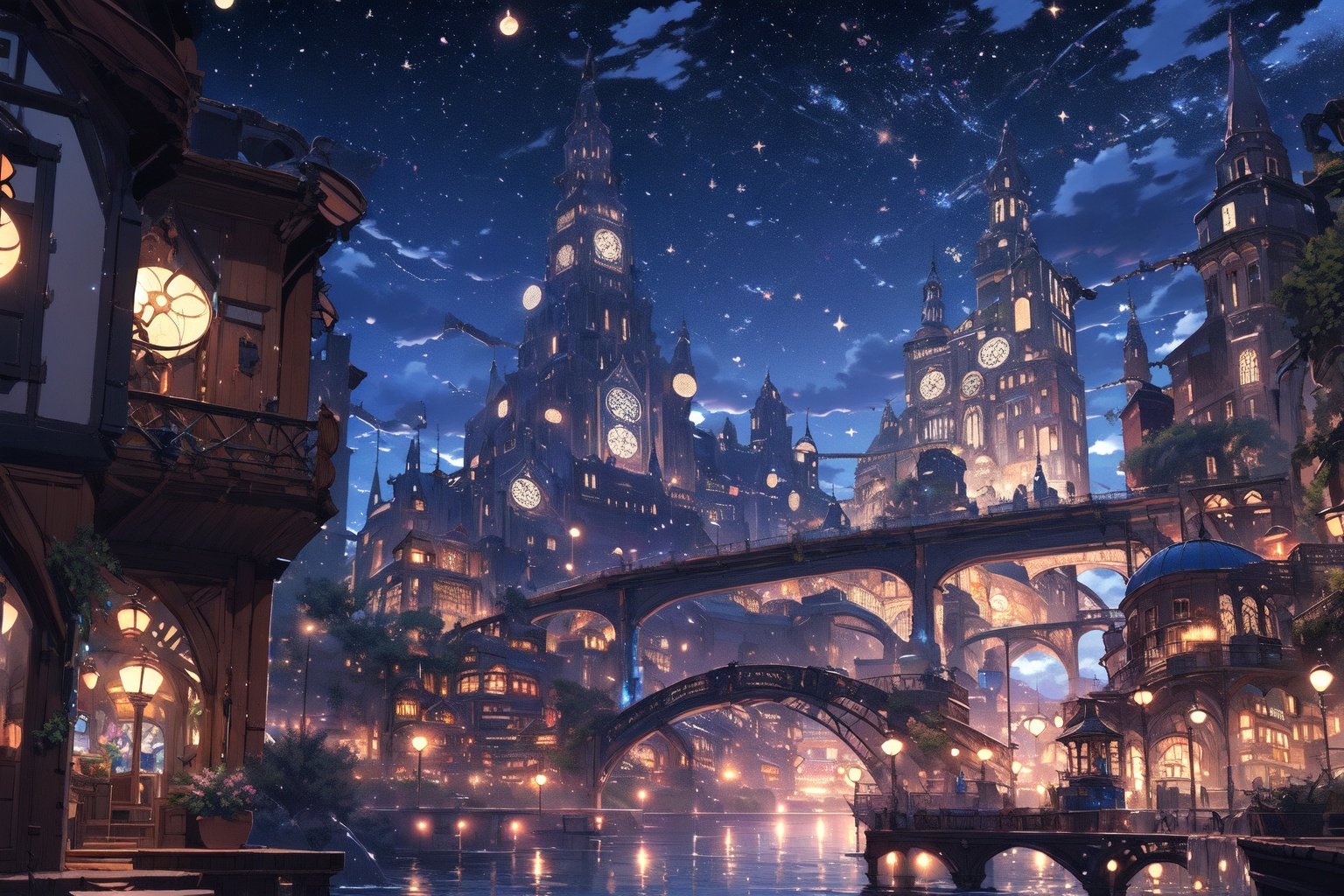 (masterpiece:1.2), best quality,PIXIV,Night scene,scenery, sky, cloud, no humans, night, star (sky), outdoors, tower, building, fantasy, starry sky, night sky, water, cloudy sky, city <lora:Night scene_20230715120543:1>