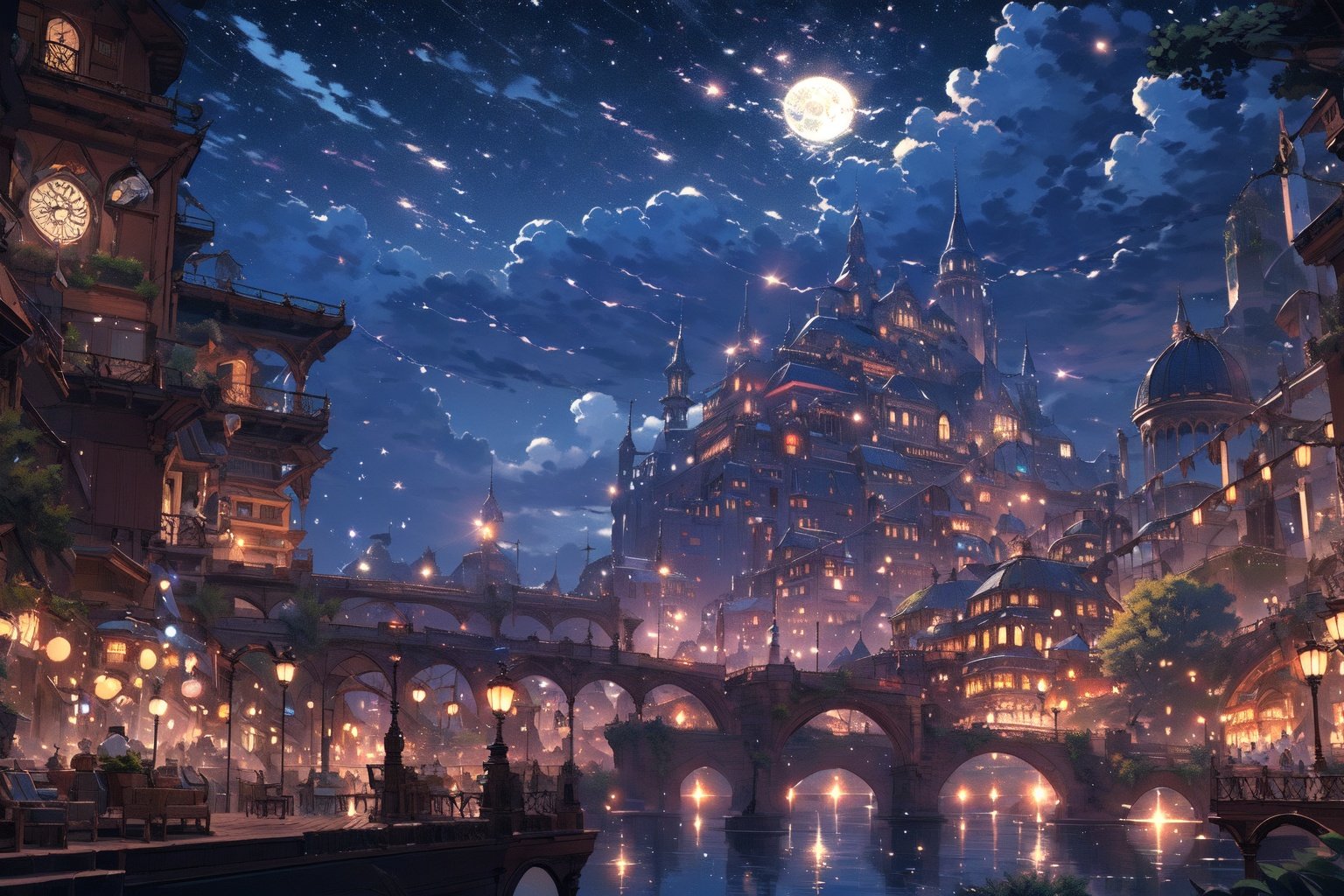 (masterpiece:1.2), best quality,PIXIV,Night scene,scenery, cloud, no humans, sky, outdoors, tree, castle, mountain, river, cloudy sky, water, waterfall <lora:Night scene_20230715120543:1>