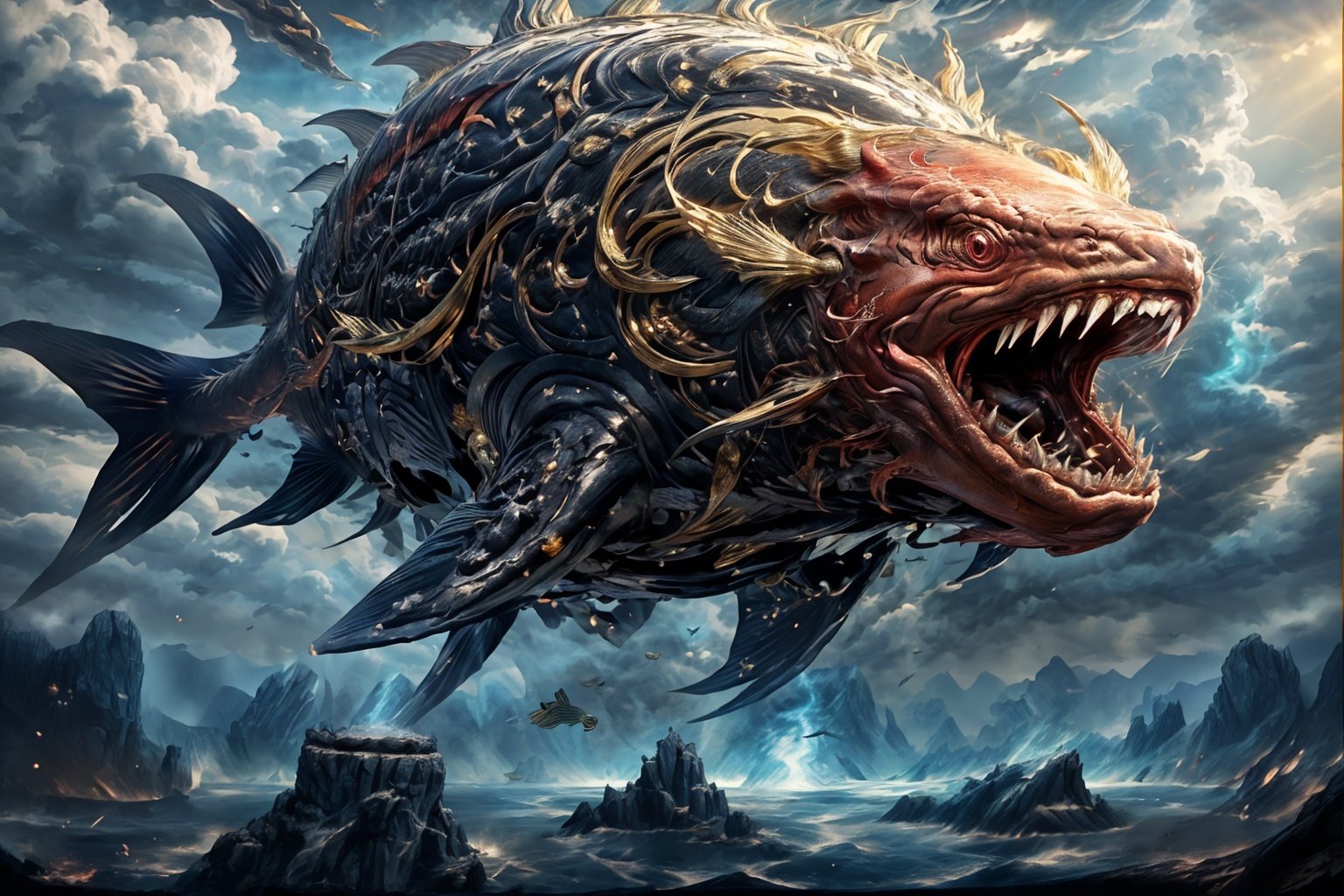 kun,Masterpiece, ultra high resolution, artwork, 3D, CG, Unreal Engine 5, Chinese mythology, red fish occupying the sky with huge body contrast, lateral body, huge fear, long fins, open mouth, sharp teeth, lightning, exquisite details, sparkling sunrise effect, light shadow effect, scenery in the sky, scenery around clouds, bright and rich epic contrast style clock, Inspired by the realistic details in anime and character design, the film background, light yellow foreground, and low angle perspective of 32kextreme create realistic and delicate golden details in the manga., <lora:EMS-8107-EMS:0.6>