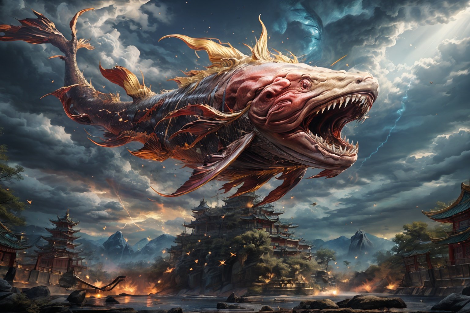 kun,Masterpiece, ultra high resolution, artwork, 3D, CG, Unreal Engine 5, Chinese mythology, red carp occupying the sky with huge body contrast, lateral body, huge fear, long fins, open mouth, sharp teeth, lightning, exquisite details, sparkling sunrise effect, light and shadow effect, scenery in the sky, scenery around clouds, bright and rich epic contrast style clock, Inspired by the realistic details in anime and character design, the film background, light yellow foreground, and low angle perspective of 32kextreme create realistic and delicate golden details in the manga., <lora:EMS-8107-EMS:0.6>