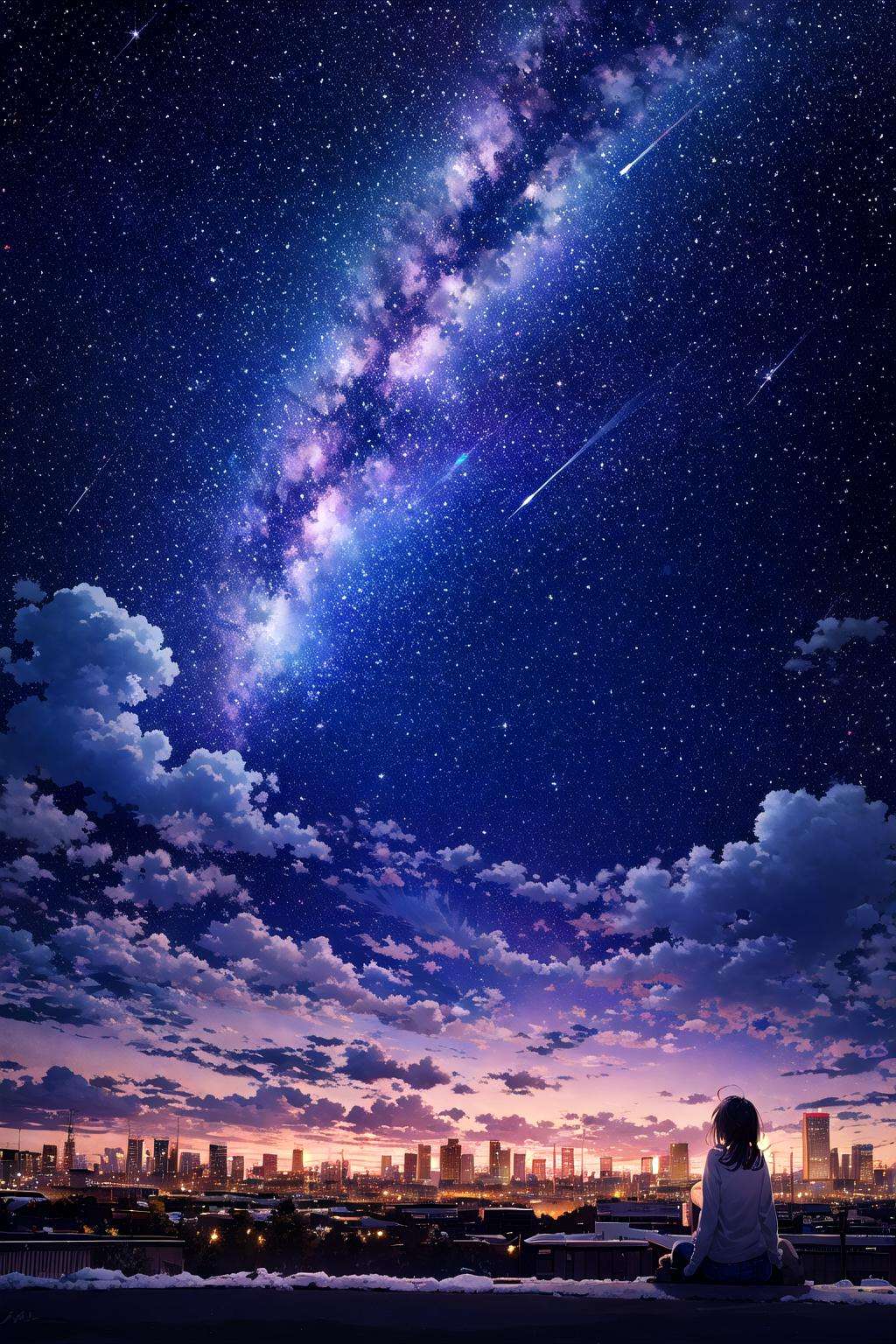 octans, sky, star (sky), scenery, starry sky, night, 1girl, night sky, solo, outdoors, building, cloud, milky way, sitting, tree, long hair, city, silhouette, cityscape <lora:octans-PYNOISE-LOHA:1>