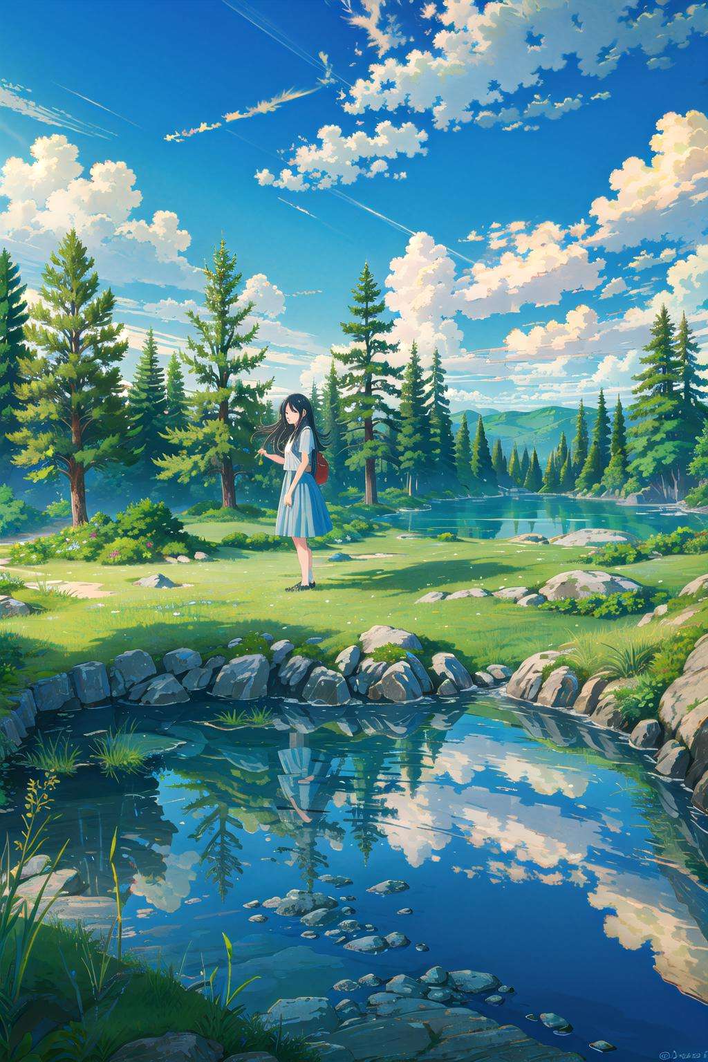 octans, 1girl, scenery, outdoors, solo, cloud, sky, long hair, day, tree, water, blue sky, reflection, nature, cloudy sky, grass, standing, dress, forest, skirt, black hair, fantasy<lora:octans-PYNOISE-LOHA:1>