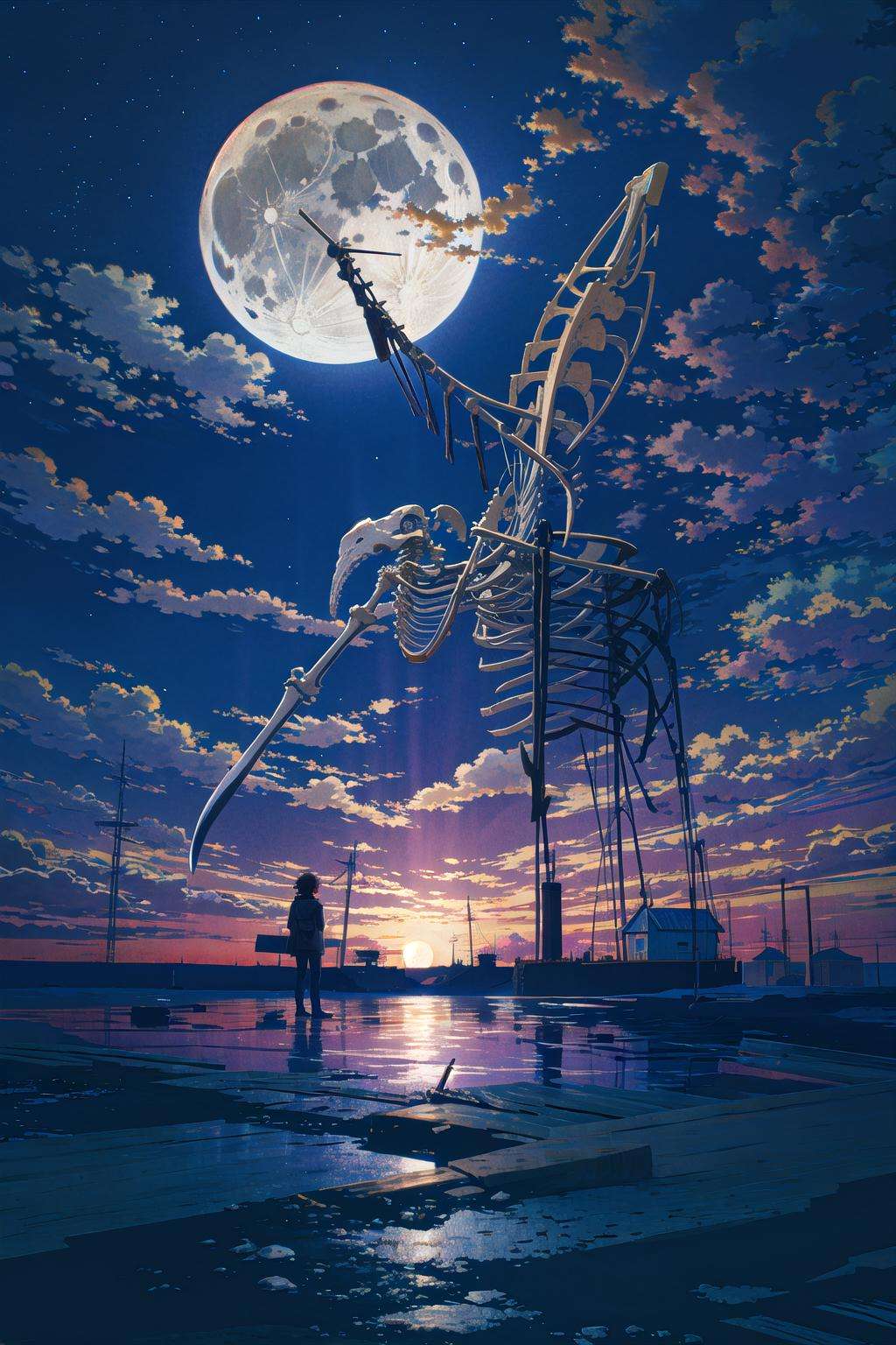 octans, no humans, moon, sky, night, full moon, cloud, whale, outdoors, scenery, night sky, water, watercraft, cloudy sky, building, skeleton, animal.<lora:octans-PYNOISE-LOHA:1>
