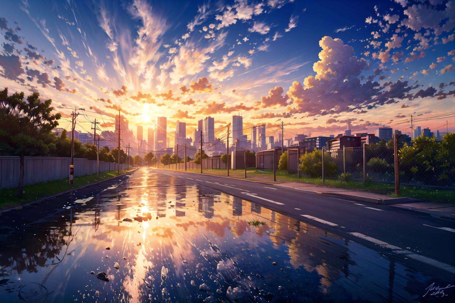 octans, no humans, scenery, cloud, sky, reflection, outdoors, sunset, signature, cloudy sky, sign, utility pole, building, power lines, road sign, blue sky, mirror, city, sun, cityscape, horizon, lens flare <lora:octans-PYNOISE-LOHA:1>